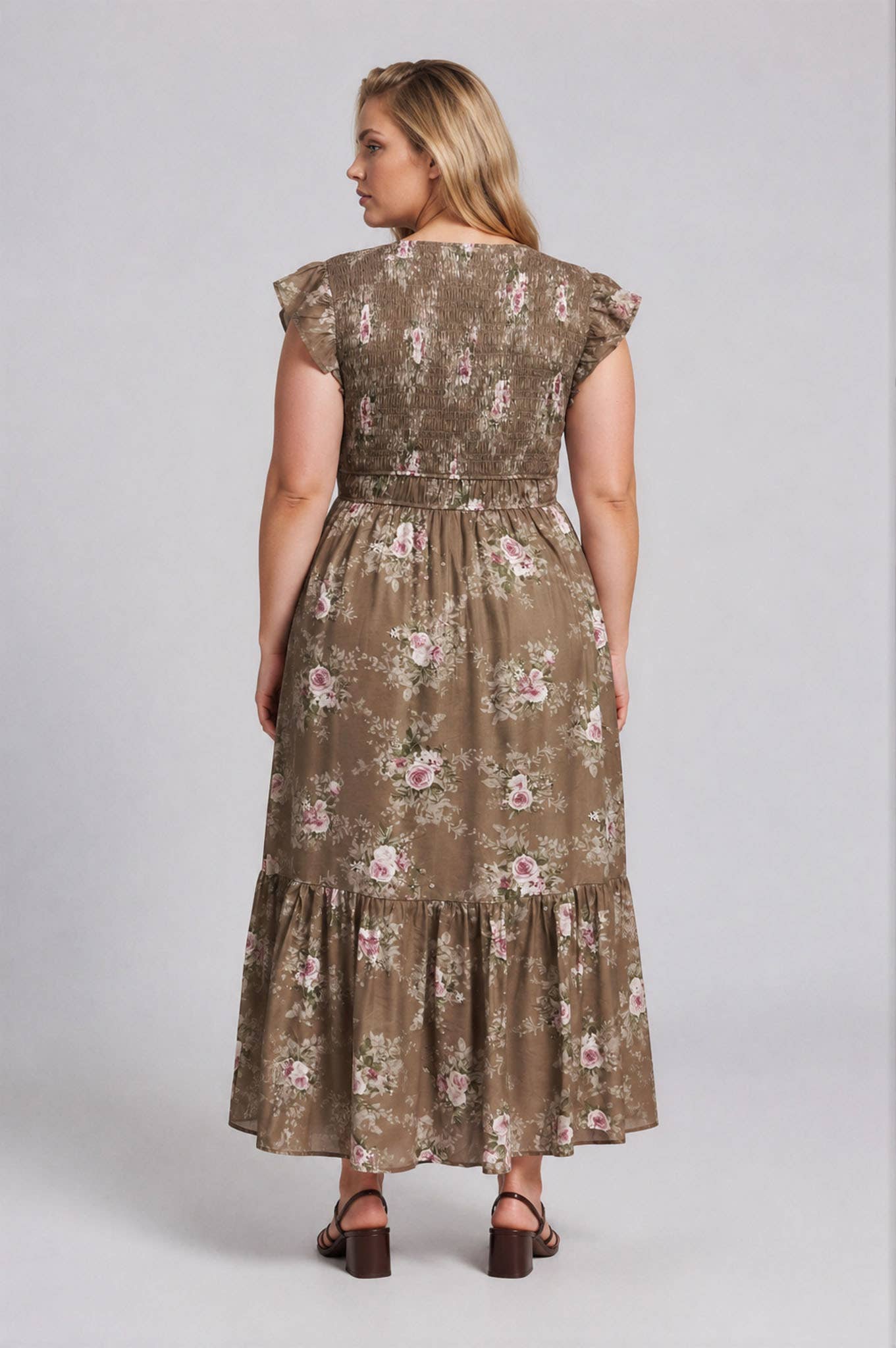 PLUS ROSE SMOCKED V NECK BUTTON DOWN MIDI DRESS
