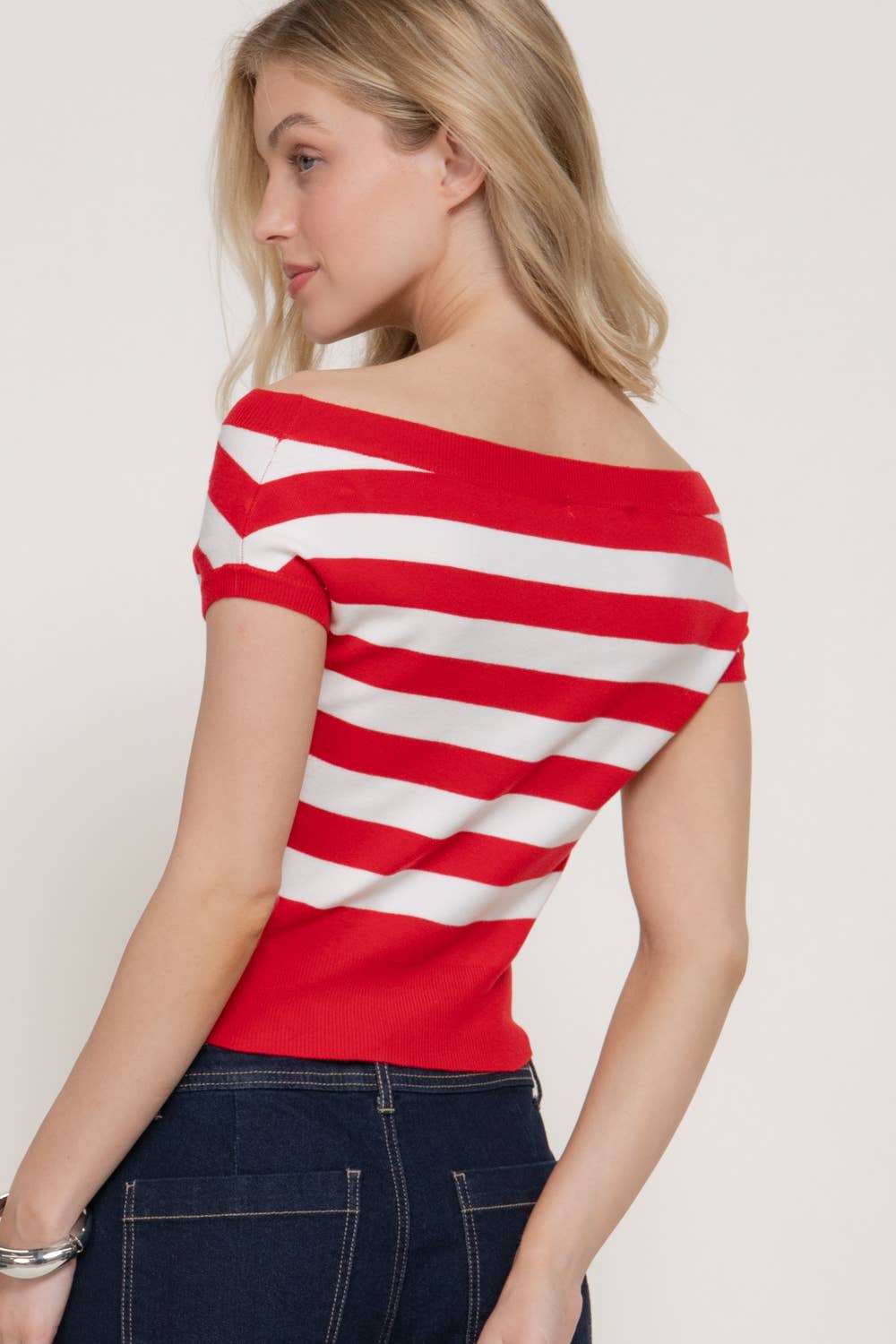 Short Sleeve Off The Shoulder Striped Sweater Top