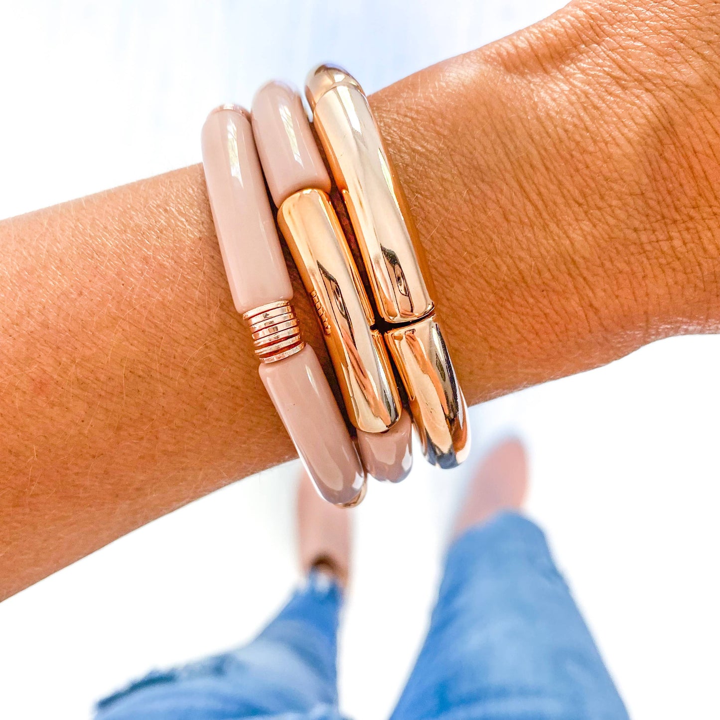 Blush & Rose Gold Acrylic Tube Bamboo Bracelet