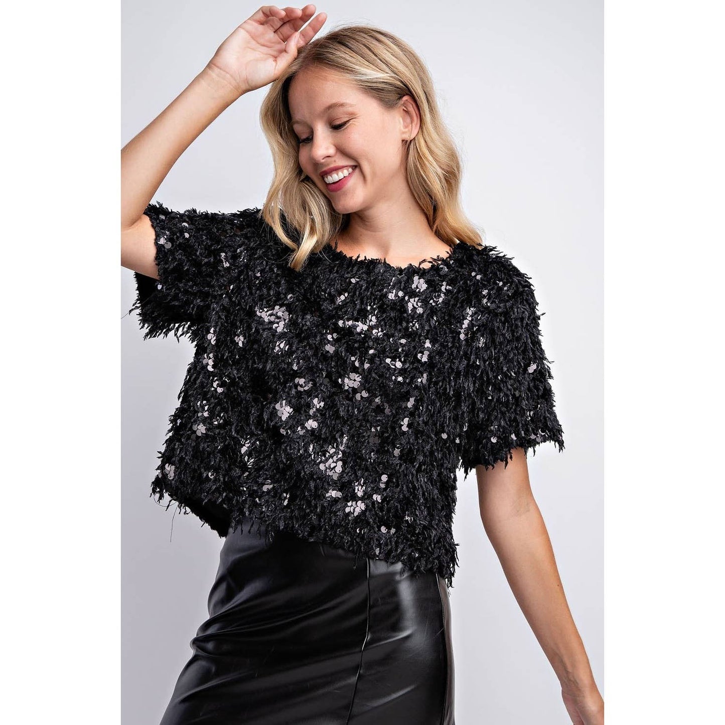 SEQUIN FEATHER BLOUSE TOP-BLACK