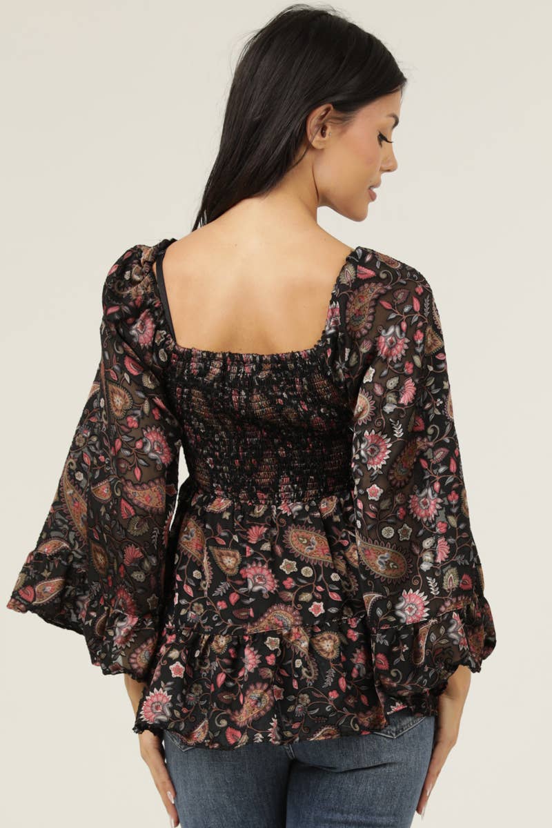 BURNOUT SATIN BELL SLEEVE LACE TRIM BLOUSE