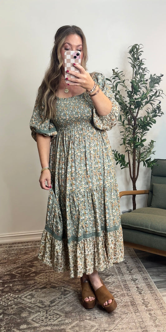 WIMSY PRINT LACE TRIM SMOCKED BODICE MIDI DRESS