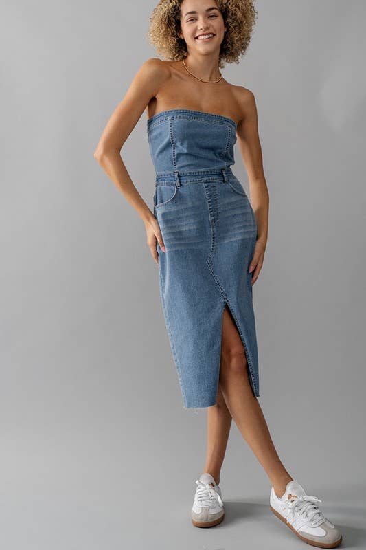 STRAPLESS DENIM MIDI DRESS