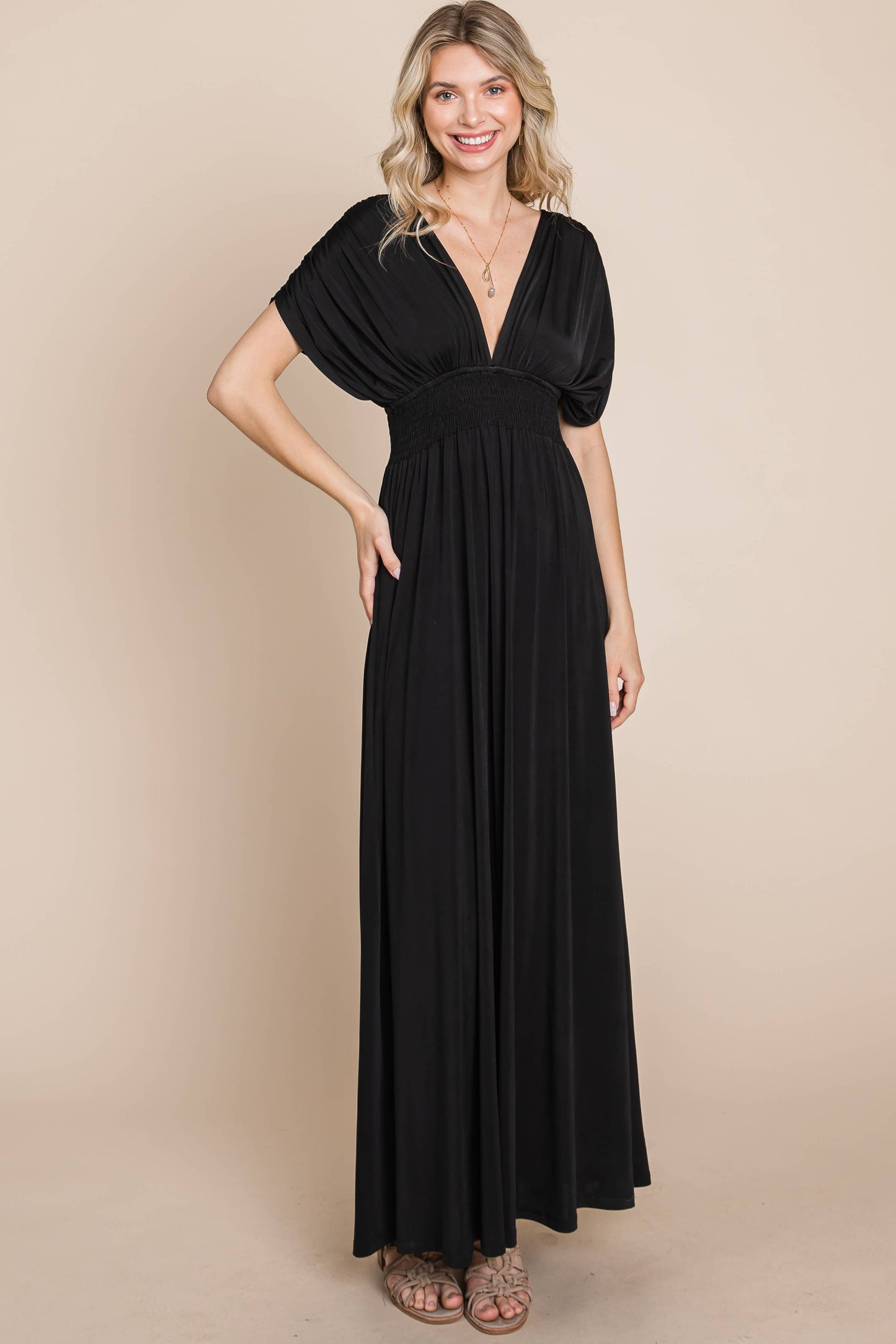 Maxi Dress with Ruched Sleeves-Plus(Black Only)