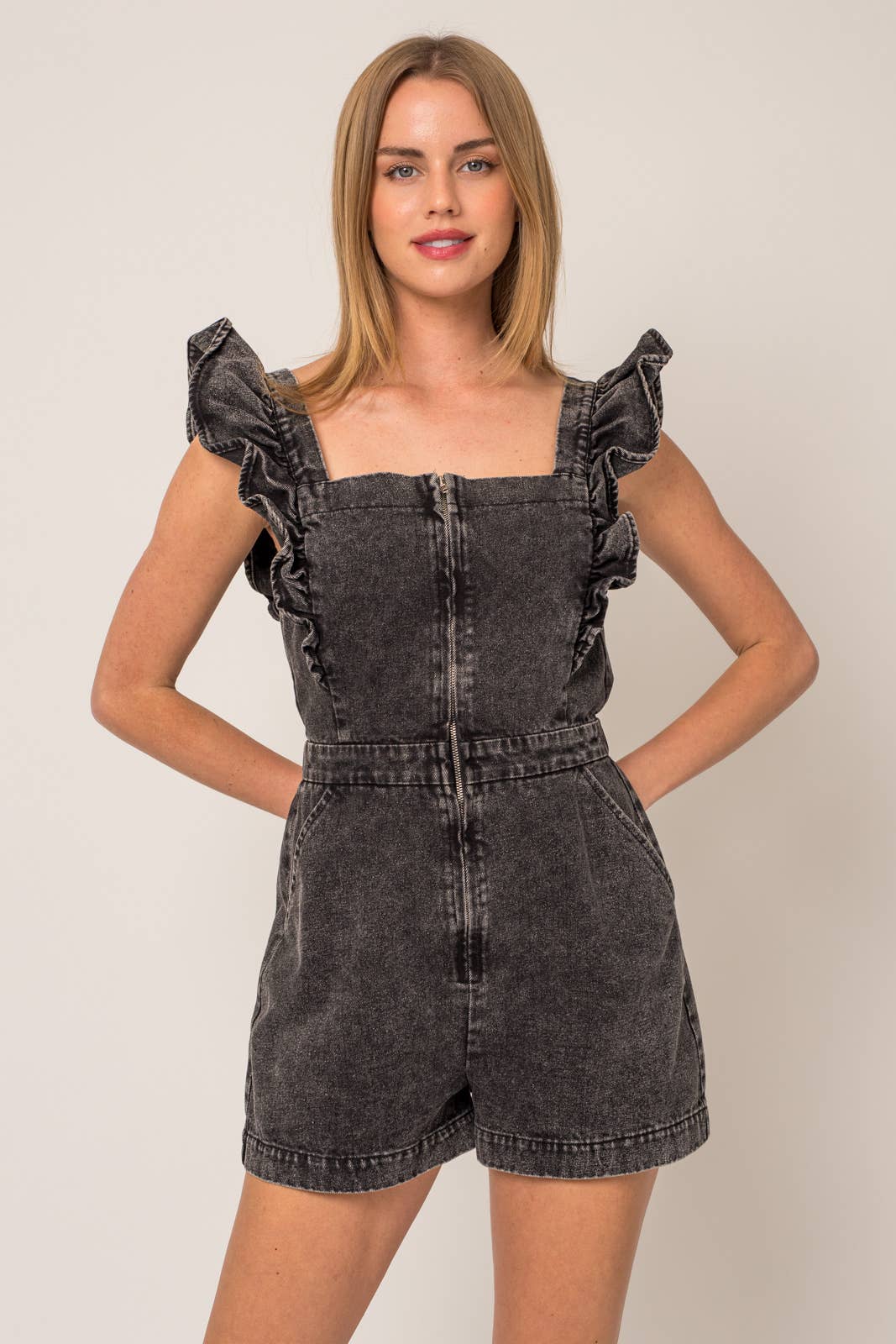 RUFFLE DENIM ROMPER (Multiple color options)