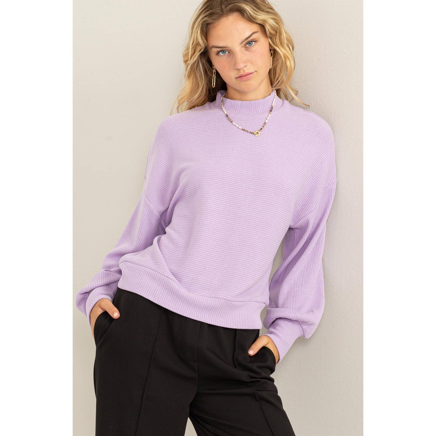 RIBBED BALLOON SLEEVE TOP