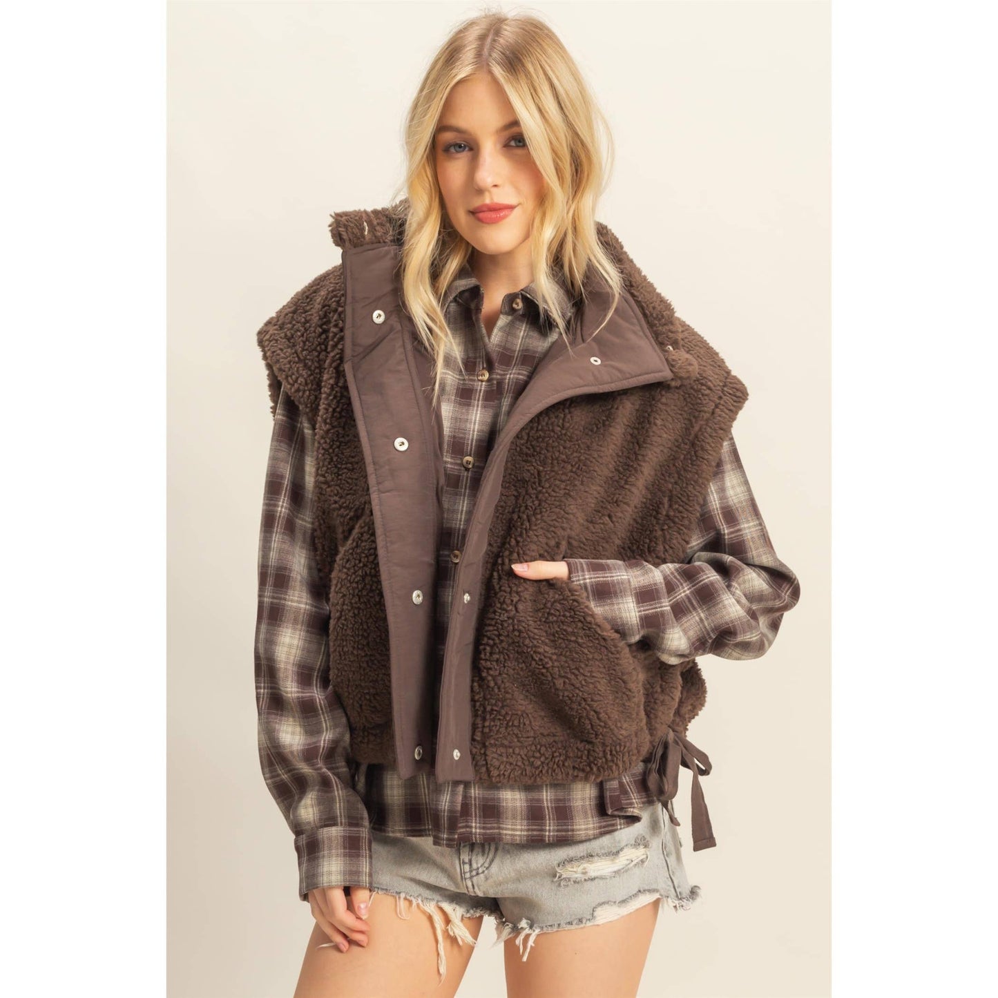 Cozy Sherpa Vest Jacket with Tie-Up Side Details