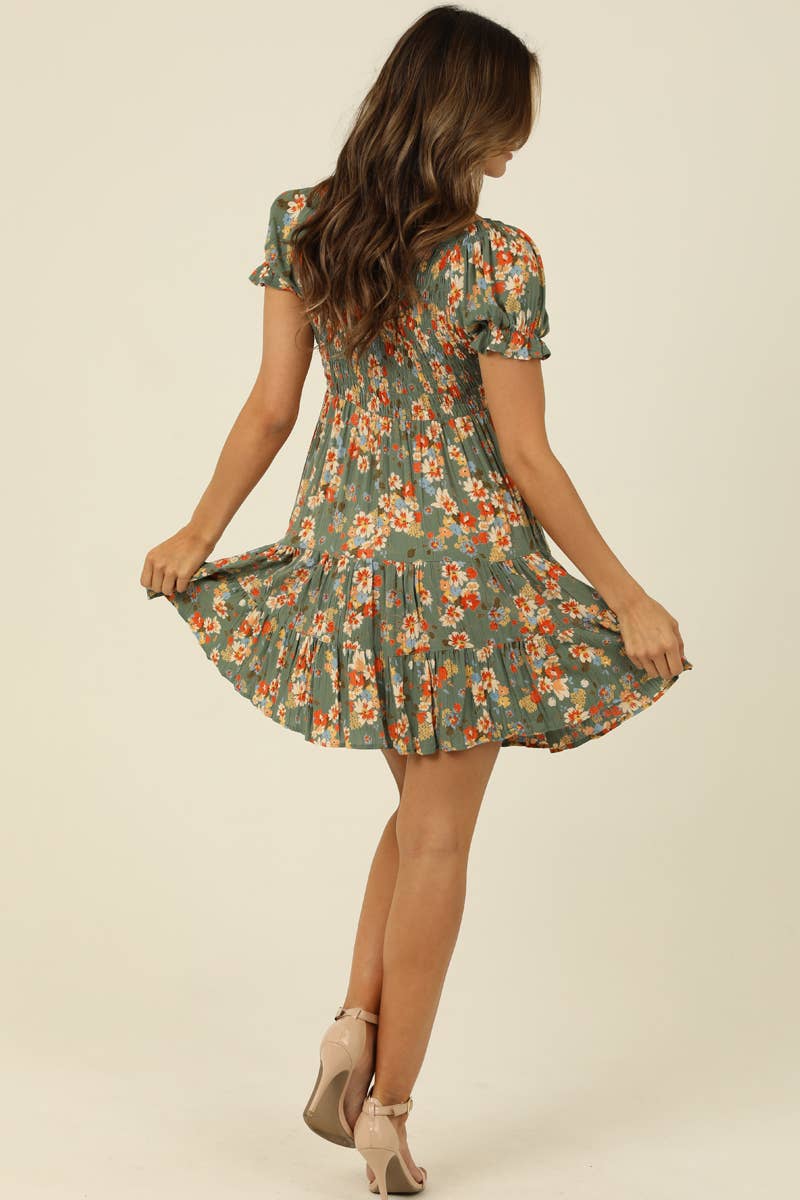 V NECK SMOCKED BODICE SHORT SLEEVE DRESS