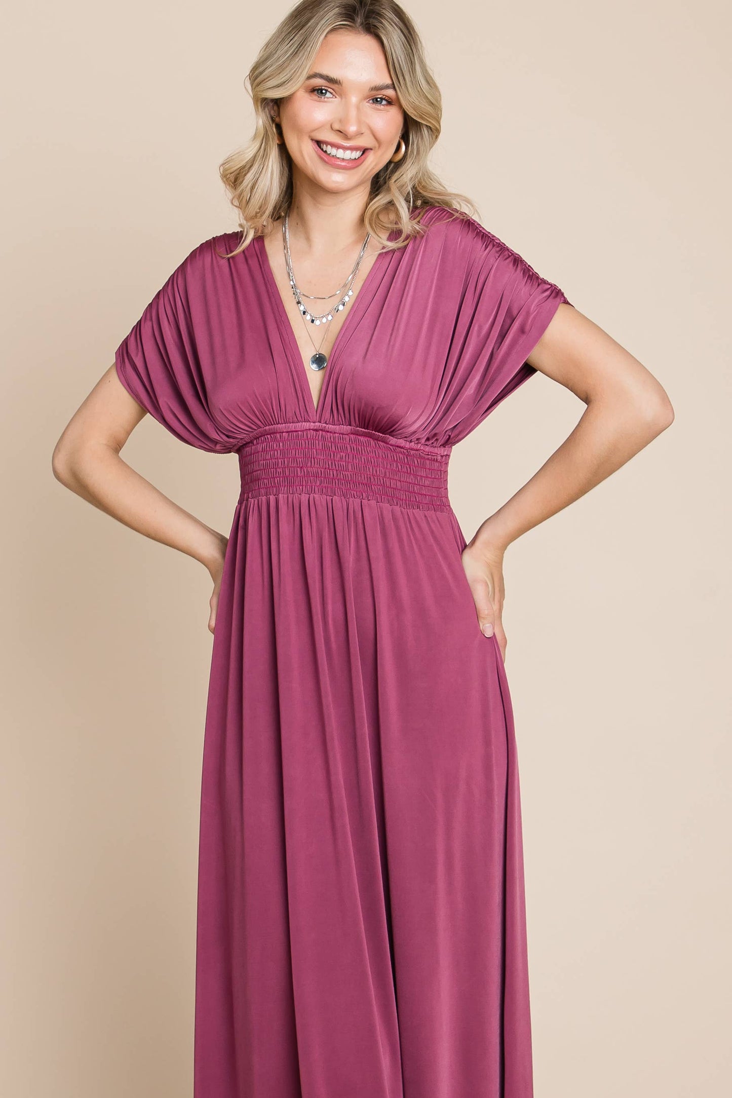 Solid Maxi Dress with Ruched Sleeves