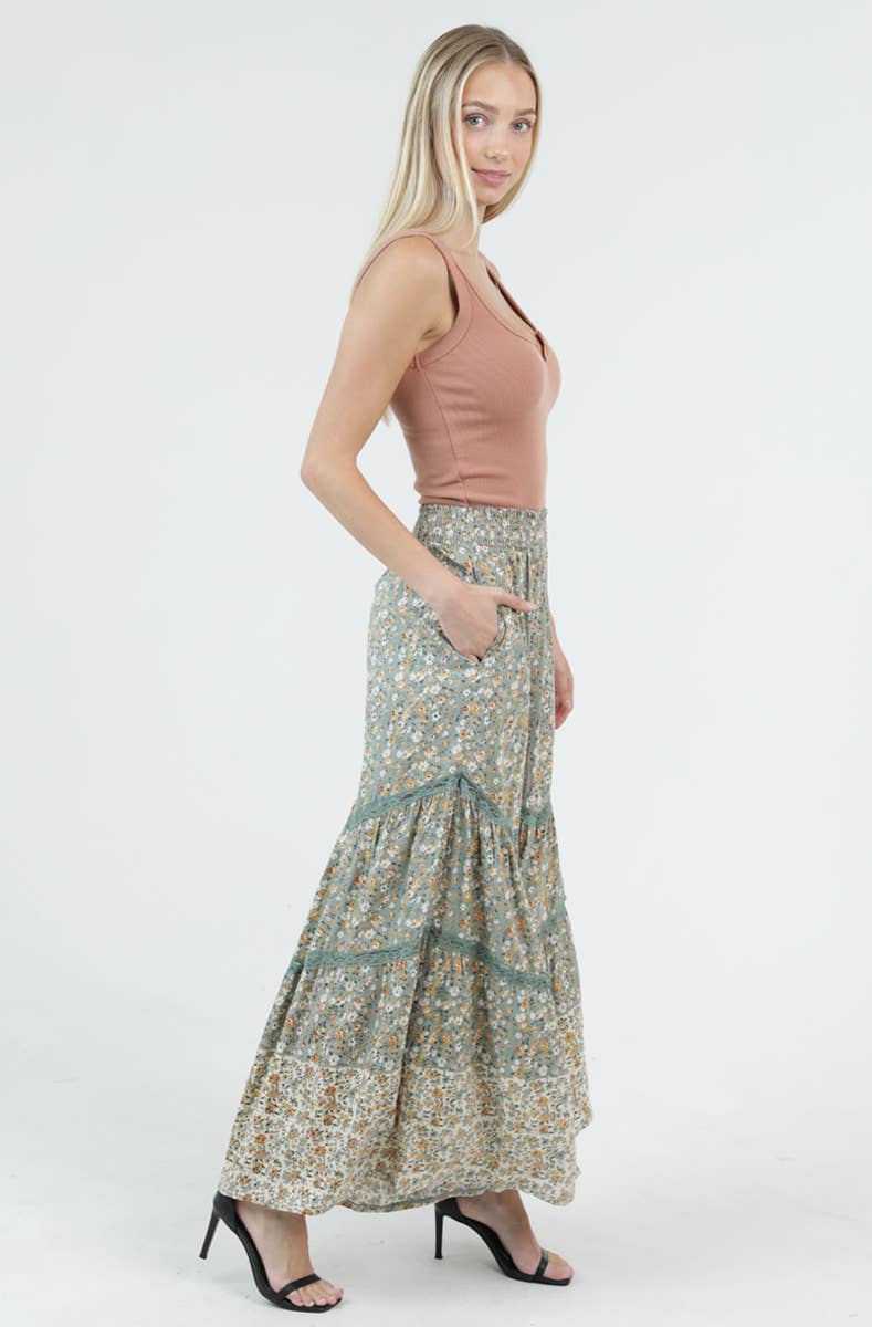 SAGE SMOCKED WAIST FLORAL LACE PRINT PANT