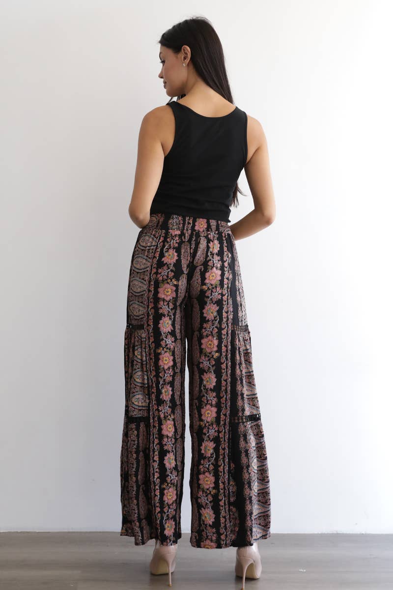 PRINTED FLARE PANTS WITH LACE INSERTS AND SMOCKED
