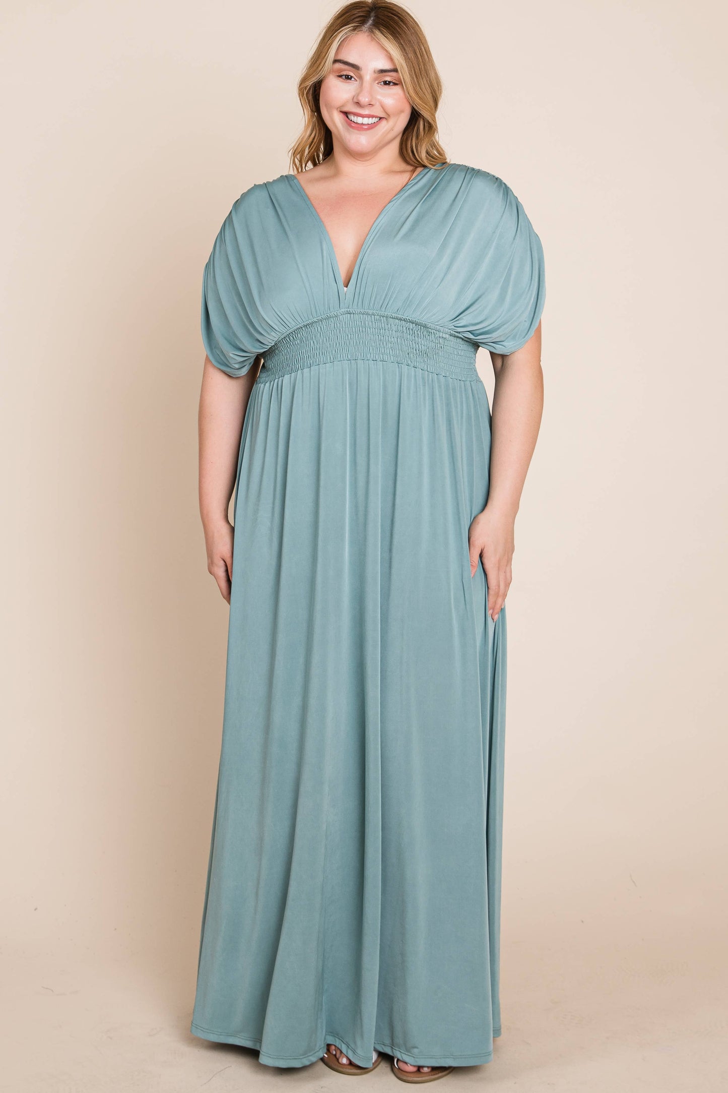 Maxi Dress with Ruched Sleeves-Plus(Black Only)