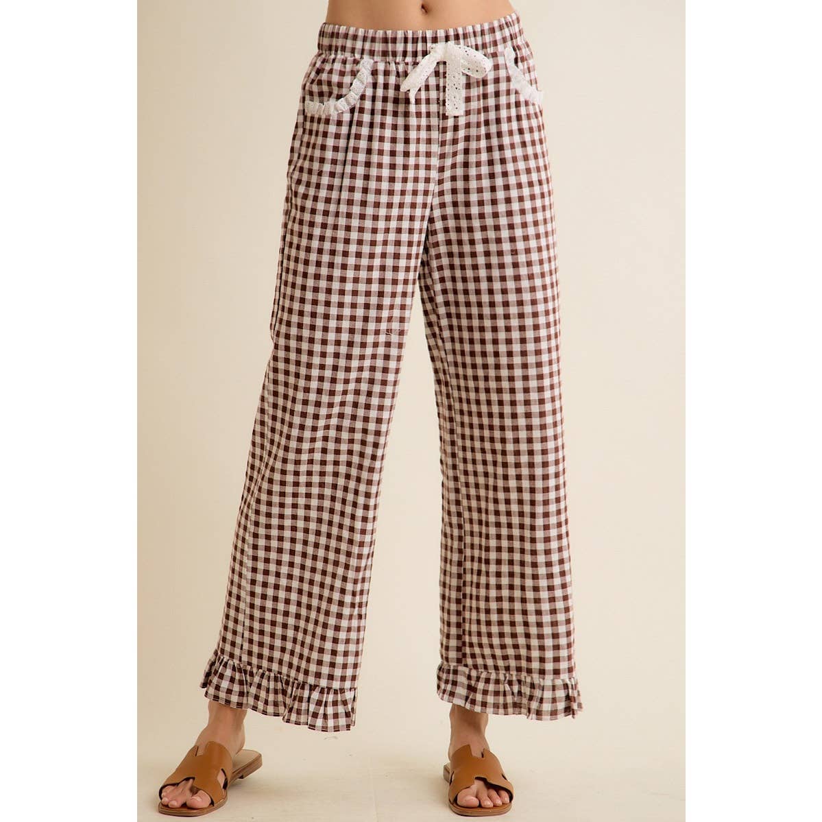 GINGHAM LACE RUFFLED PULL ON PANTS