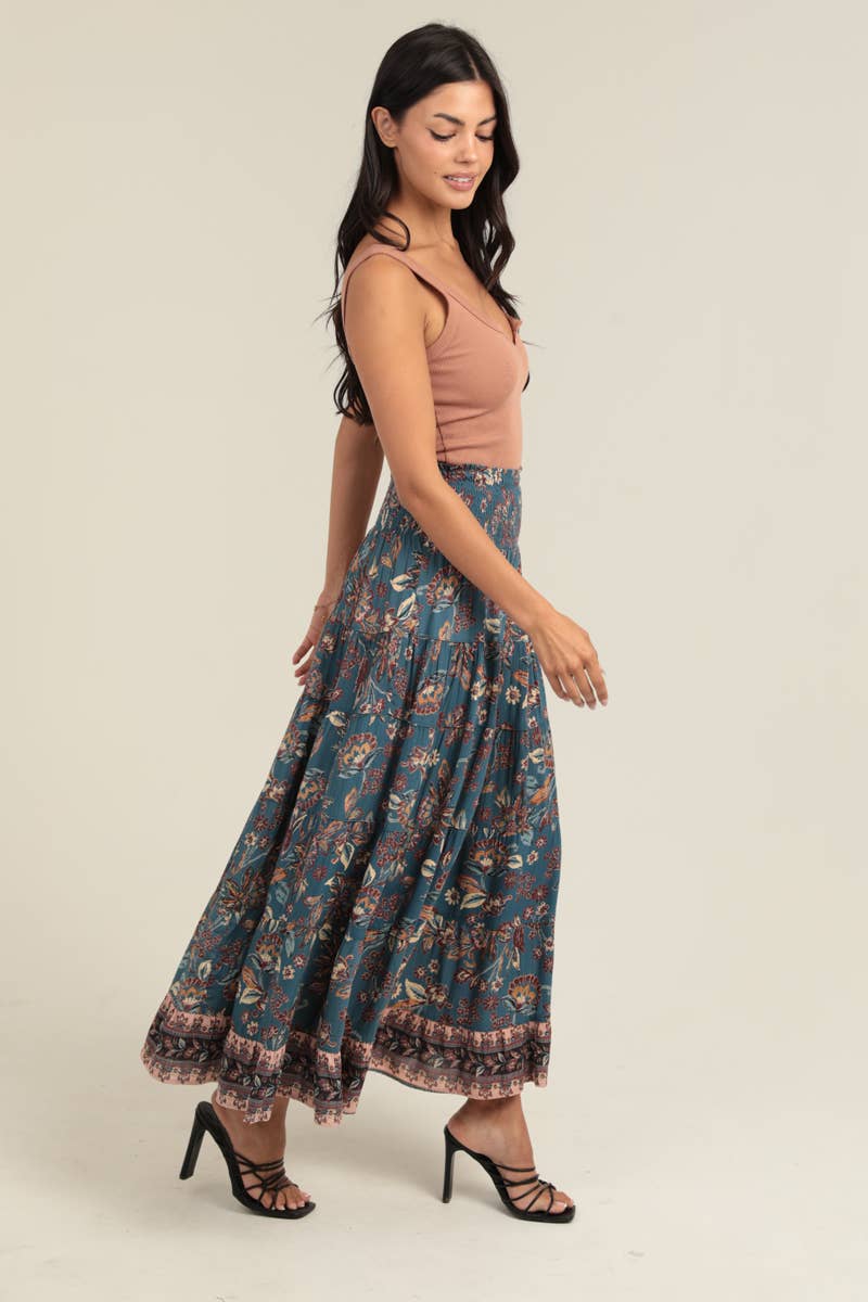 SMOCKED WAISTBAND A LINE MAXI SKIRT WITH SIDE SLI