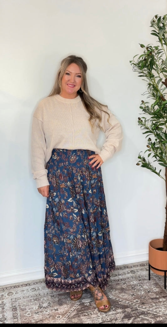 SMOCKED WAISTBAND A LINE MAXI SKIRT WITH SIDE SLI