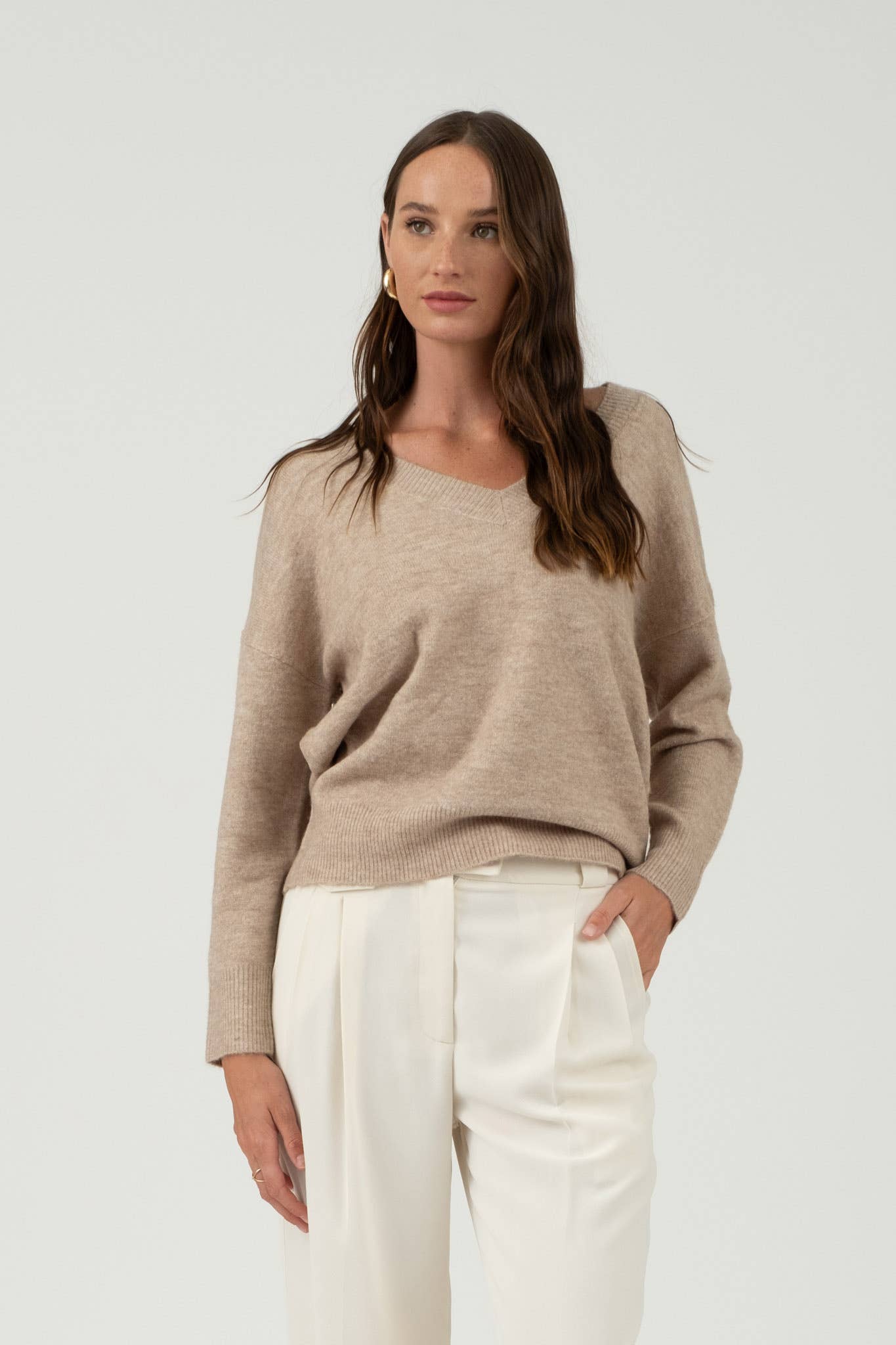 SOLID V NECK DROP SHOULDER KNIT SWEATER