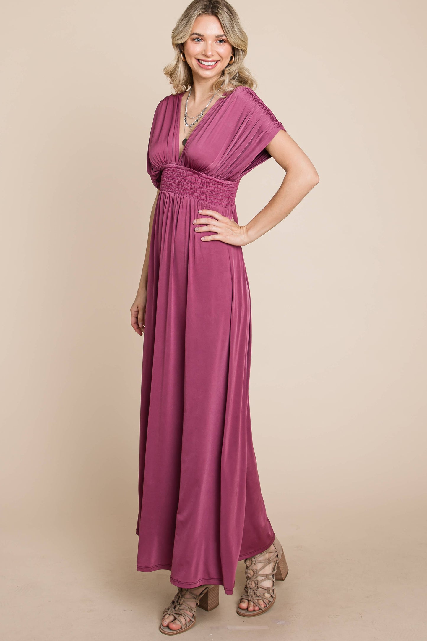 Solid Maxi Dress with Ruched Sleeves