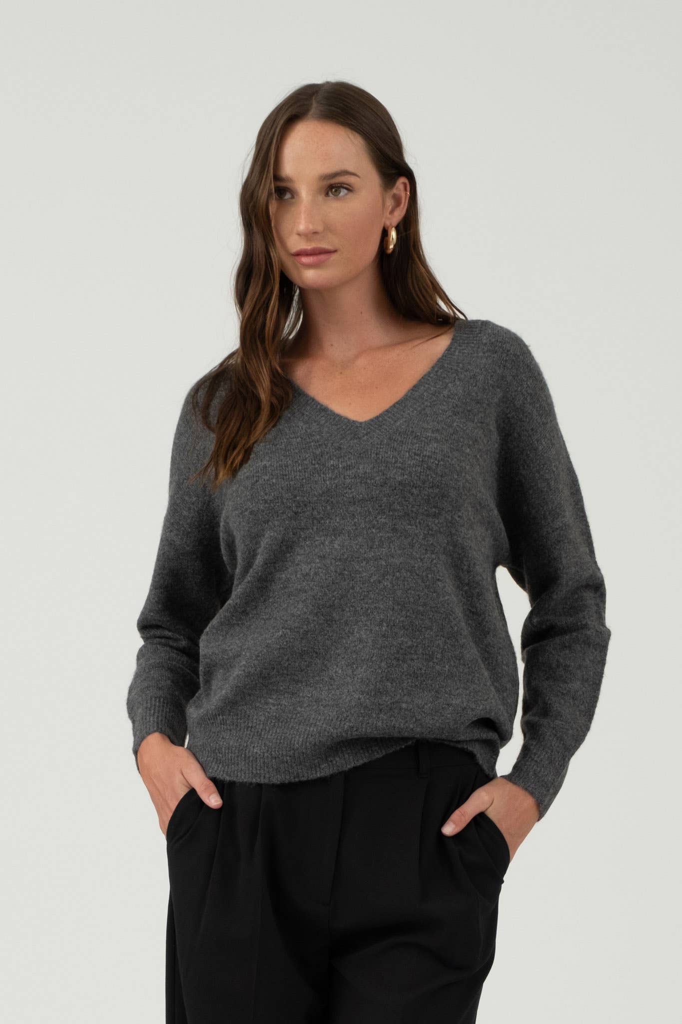 SOLID V NECK DROP SHOULDER KNIT SWEATER