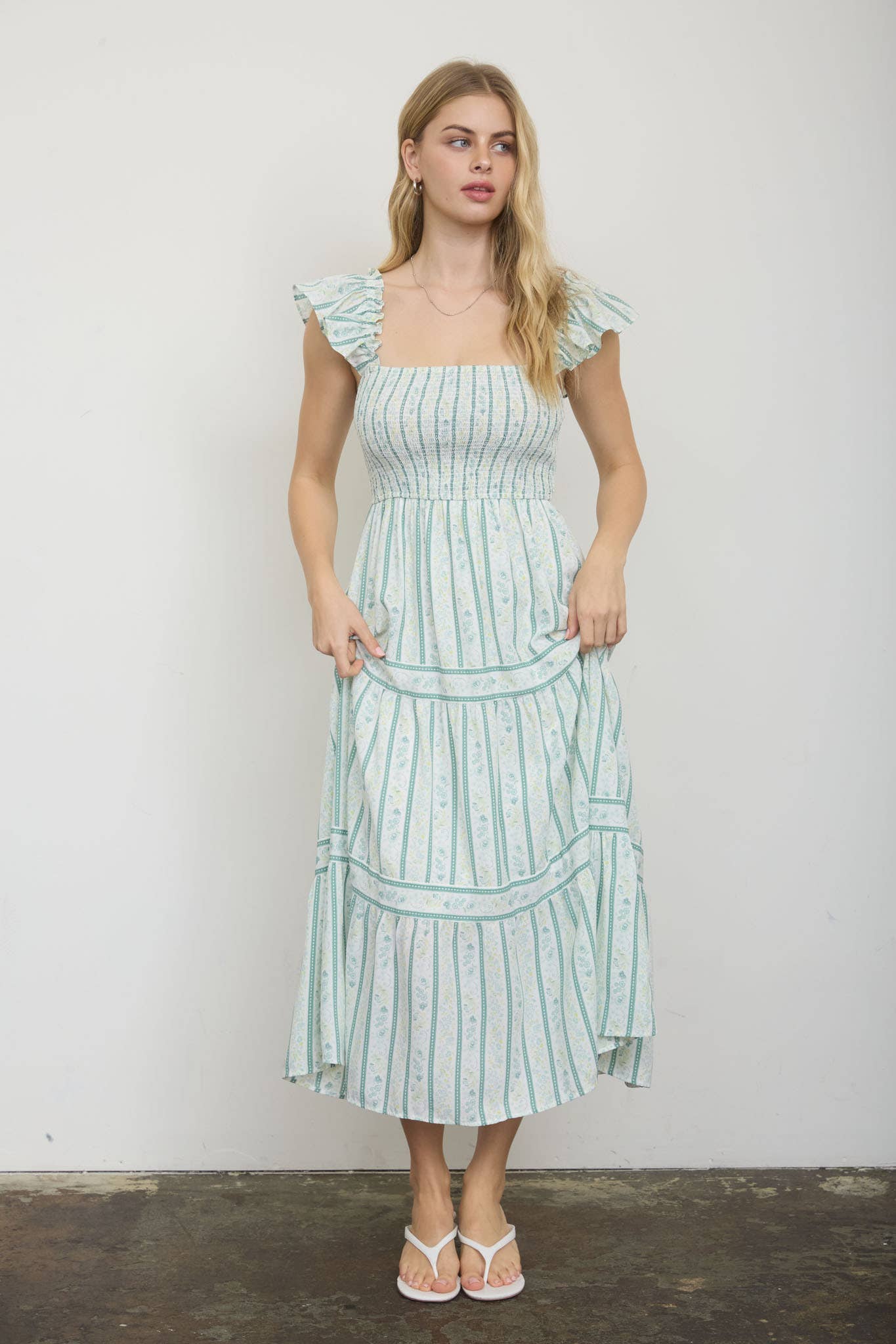 STRIPE FLORAL PATTERN SMOCKED TIERED MIDI DRESS