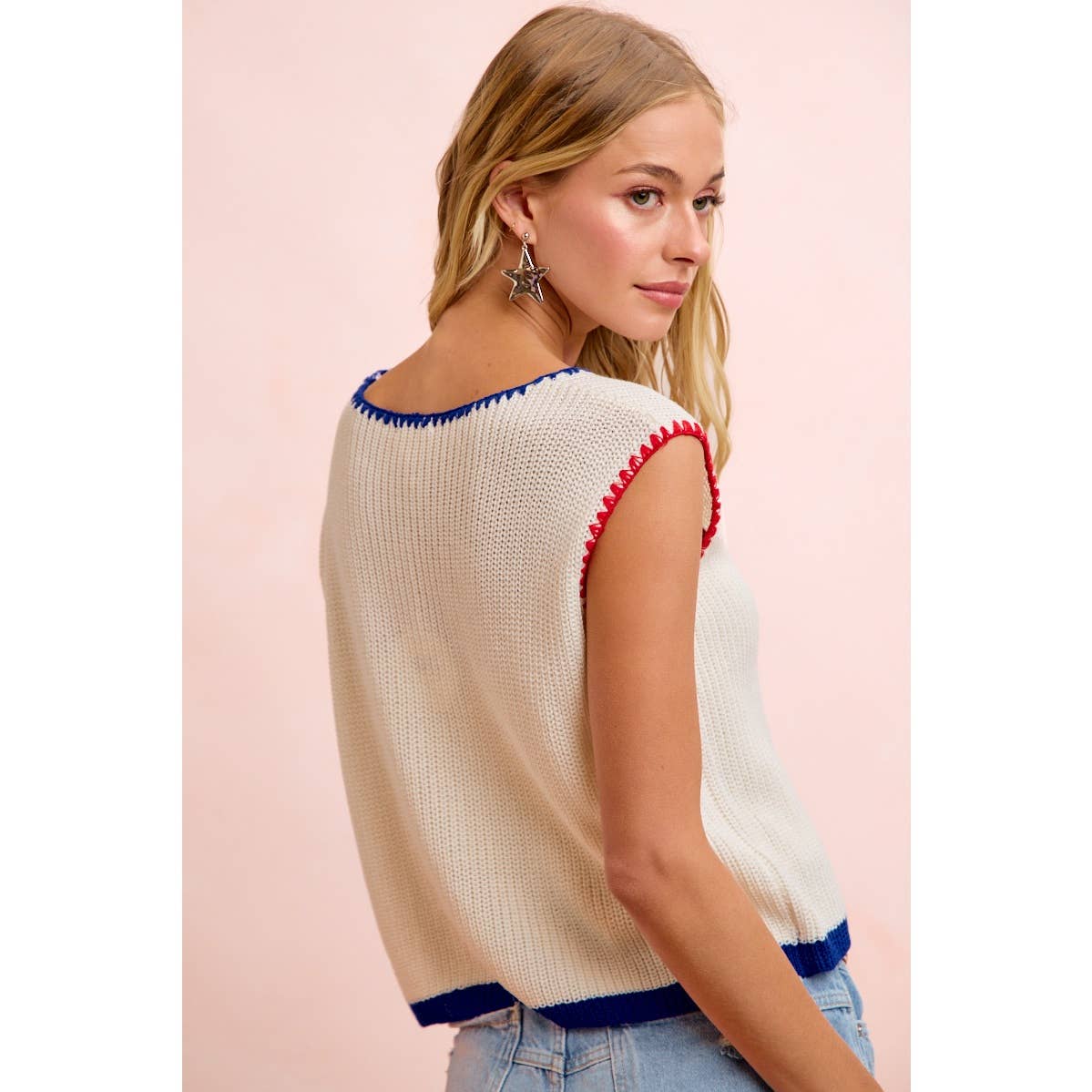 4TH OF JULY THEME SLEEVELESS STITCH KNIT TOP