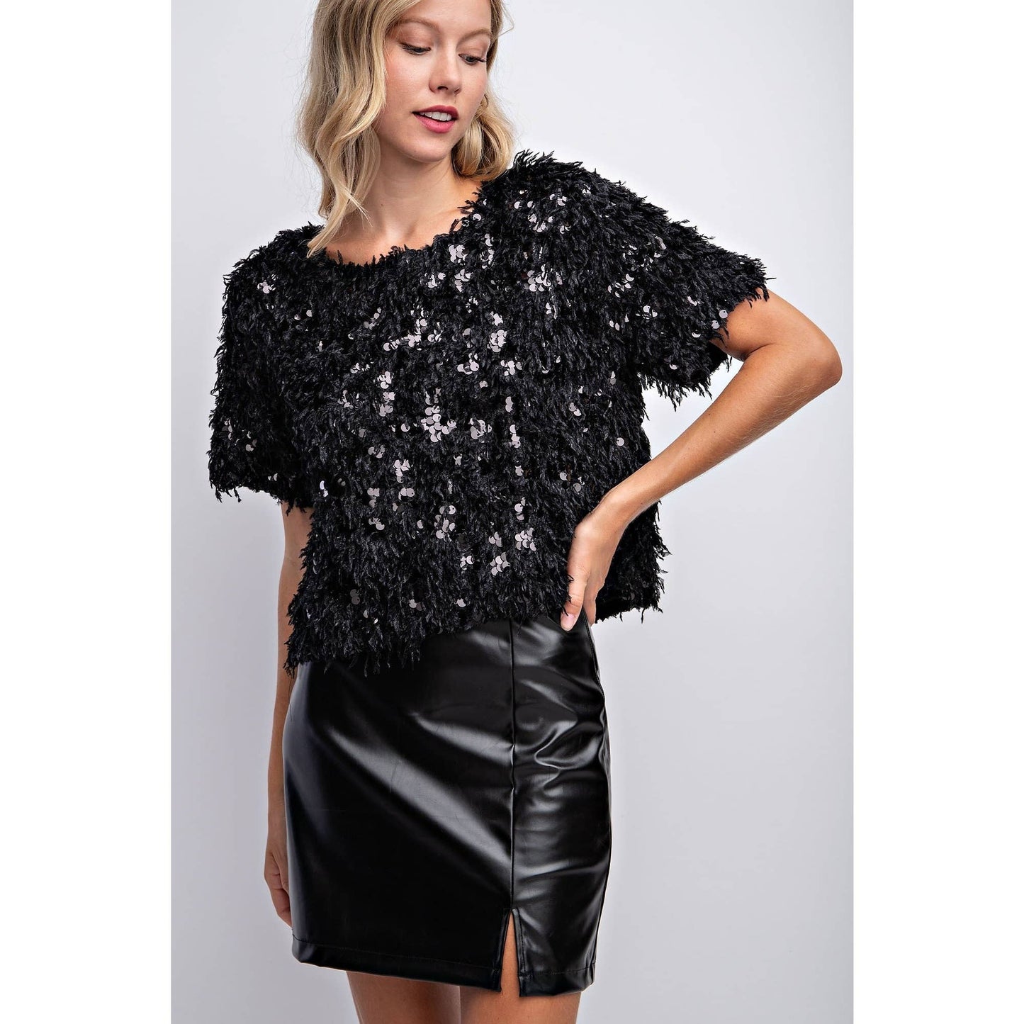 SEQUIN FEATHER BLOUSE TOP-BLACK