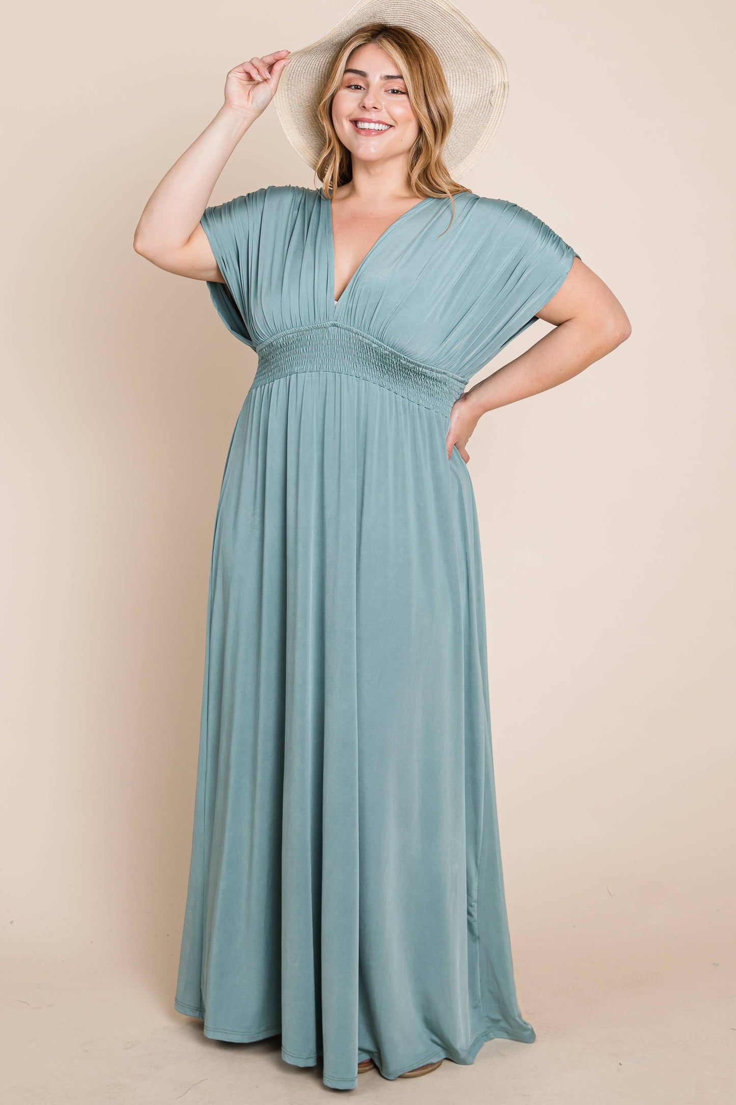 Maxi Dress with Ruched Sleeves-Plus(Black Only)