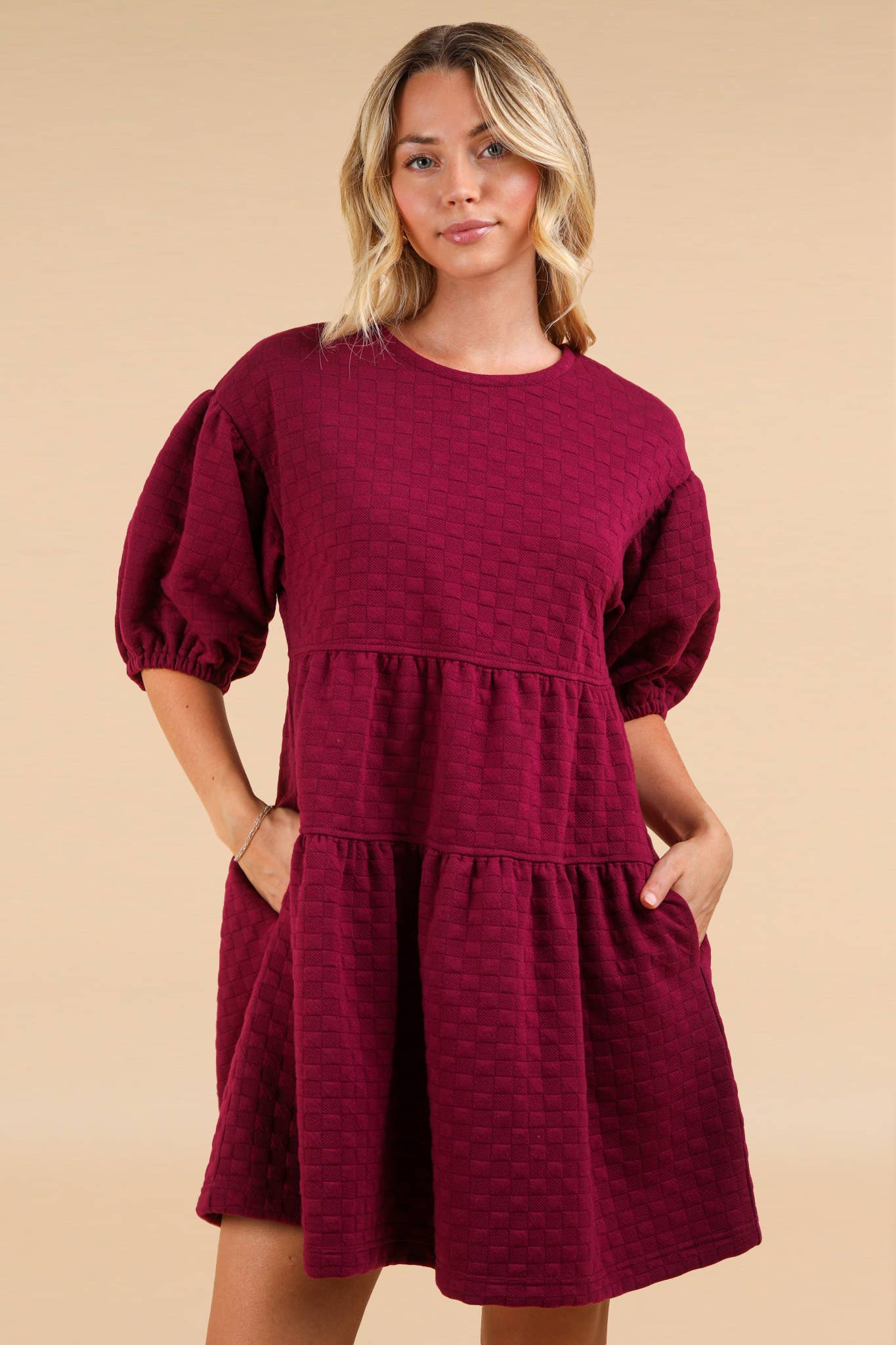 Quilted Knit A-Line Puff Sleeve Babydoll Mini Dress