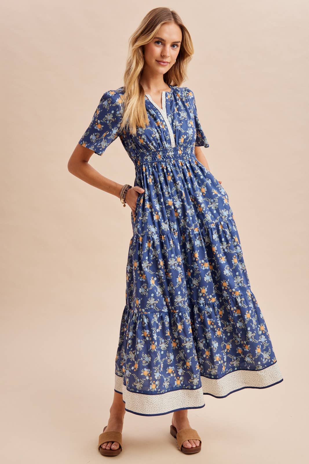 COTTON FLORAL BORDERED MAXI DRESS