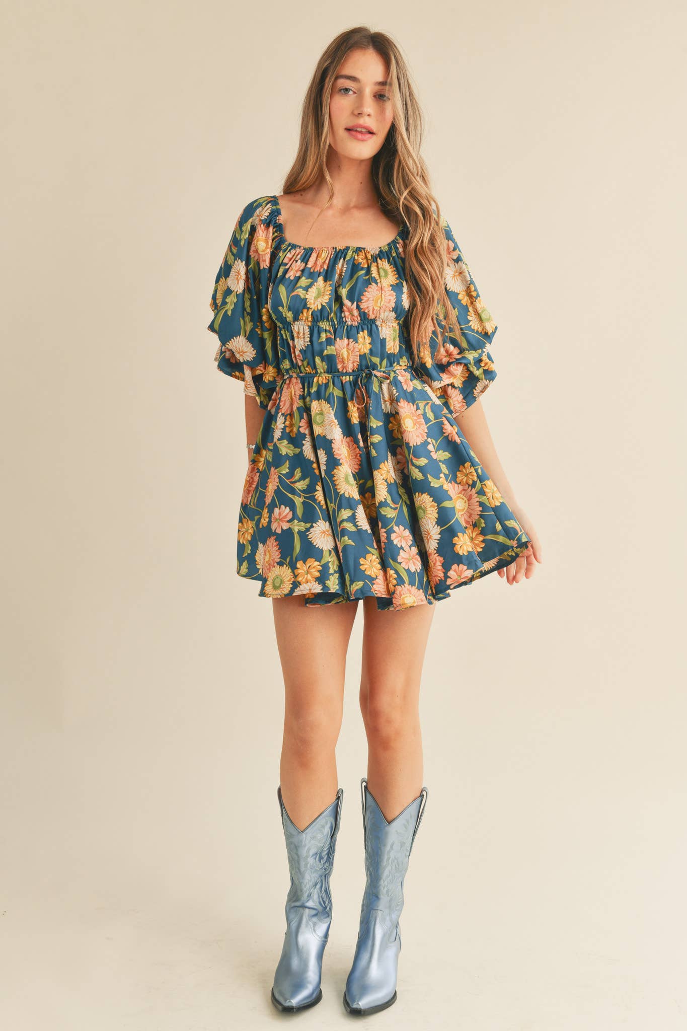 FLORAL PRINT BUBBLE SLEEVE MINI DRESS