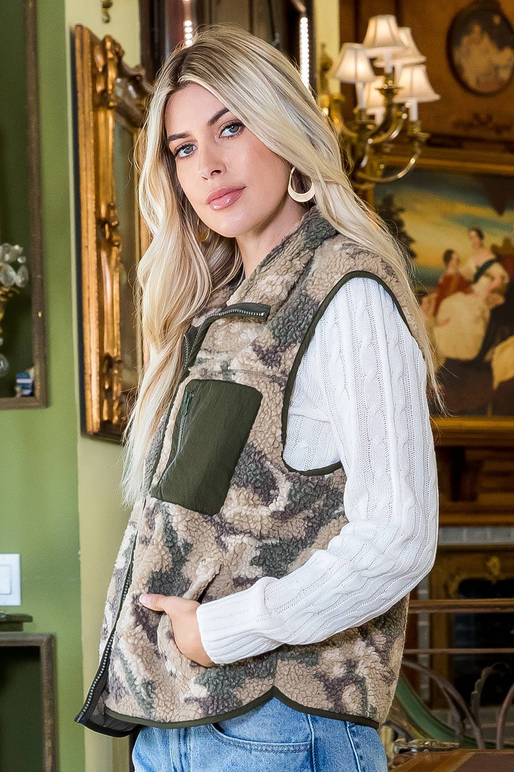 Camouflage shearling vest