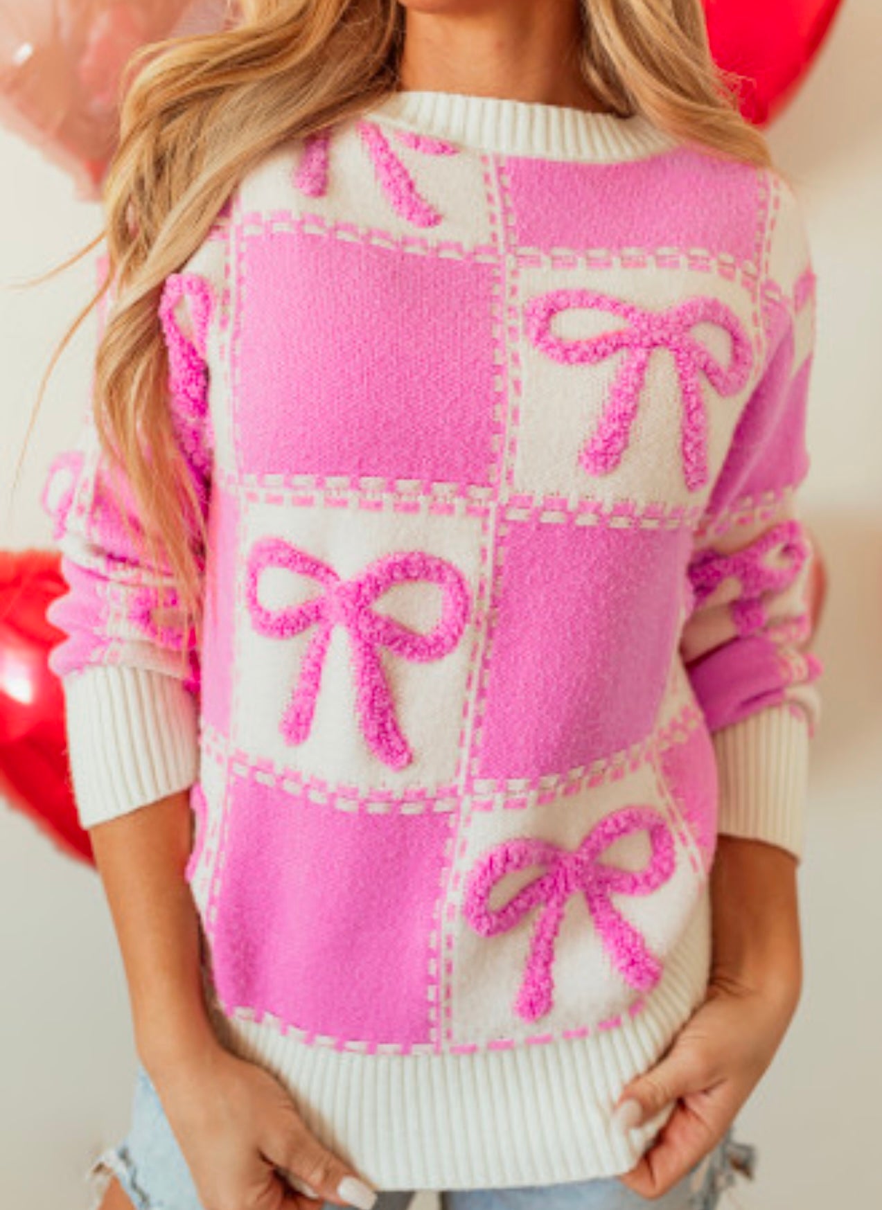 Pink Bow Checkered Crew Neck Sweater