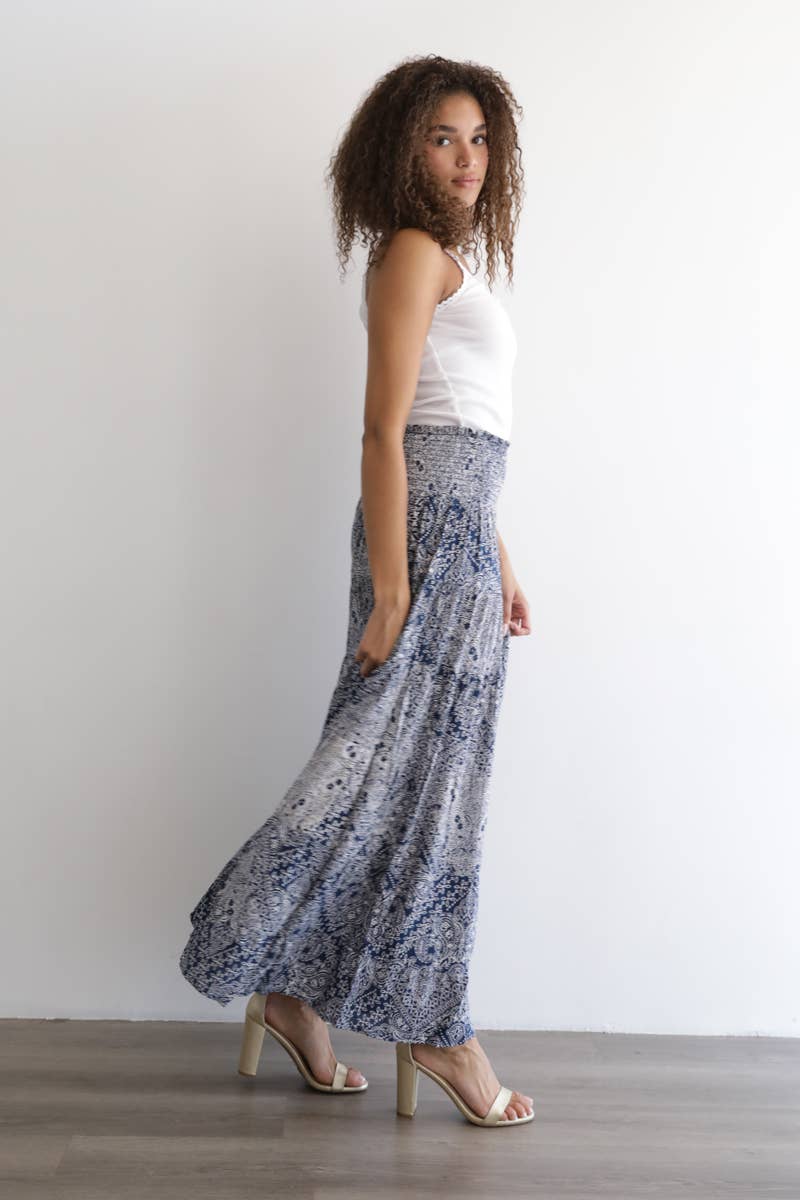 PRINTED TIERED A LINE MAXI SKIRT WITH SMOCKED WAI