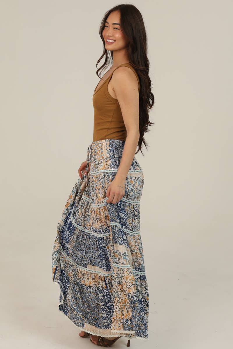 TIERED A LINE PRINTED MAXI SKIRT WITH LACE TRIMS