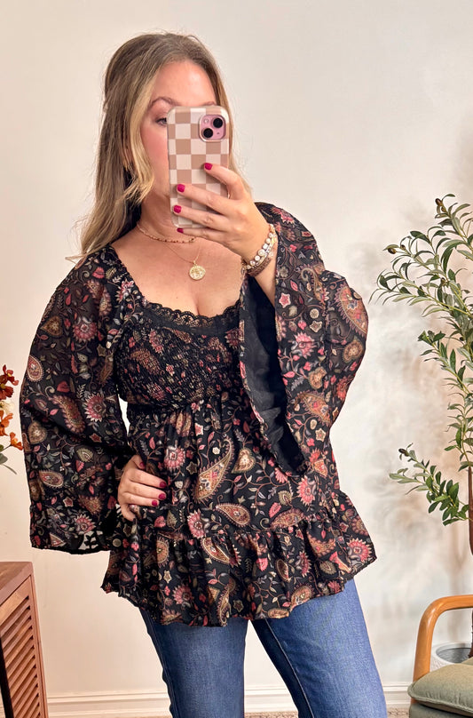 BURNOUT SATIN BELL SLEEVE LACE TRIM BLOUSE