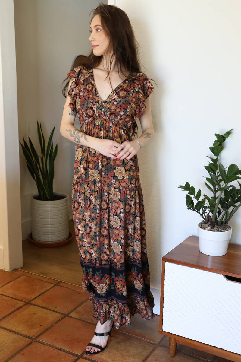 V NECK OPEN BACK FLUTTER SLEEVE MAXI DRESS