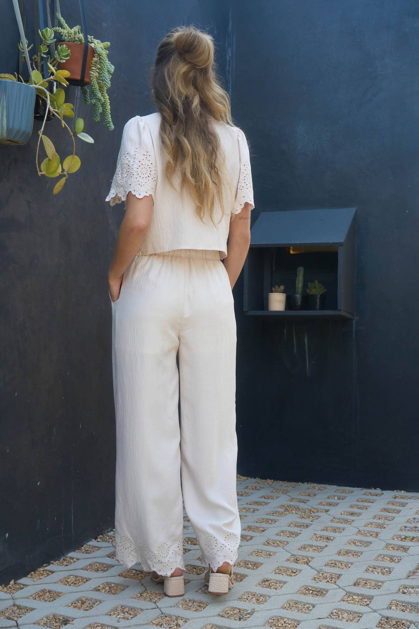 EYELET TRIM FRONT TIE BLOUSE AND WIDE LEG PANT SET