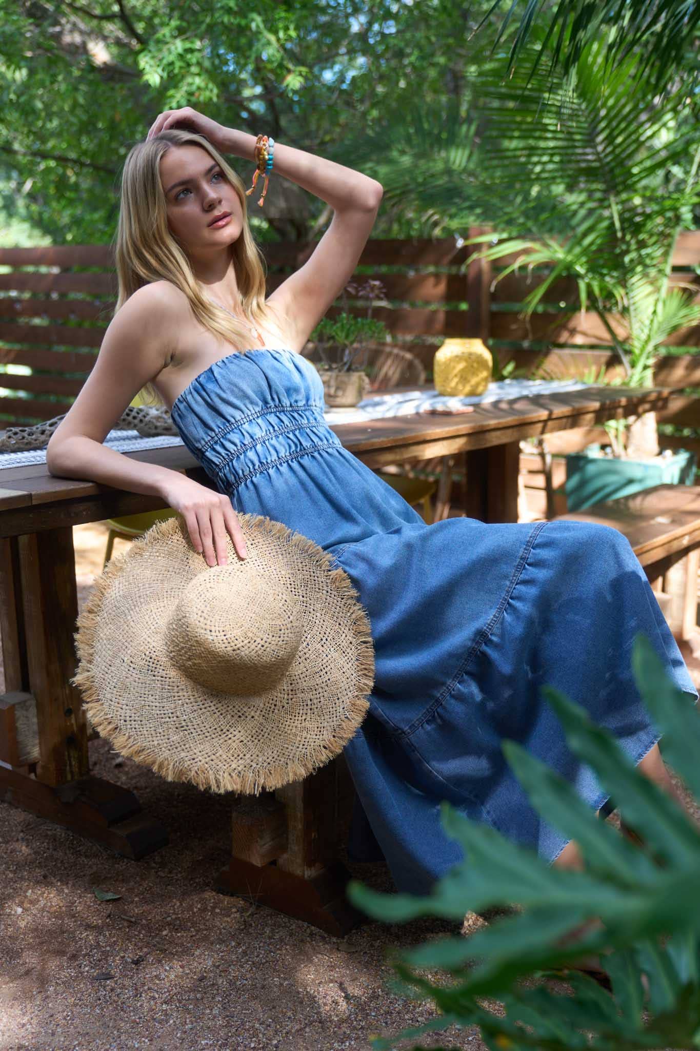STRAPLESS SHIRRED TIERED DENIM MIDI SUNDRESS