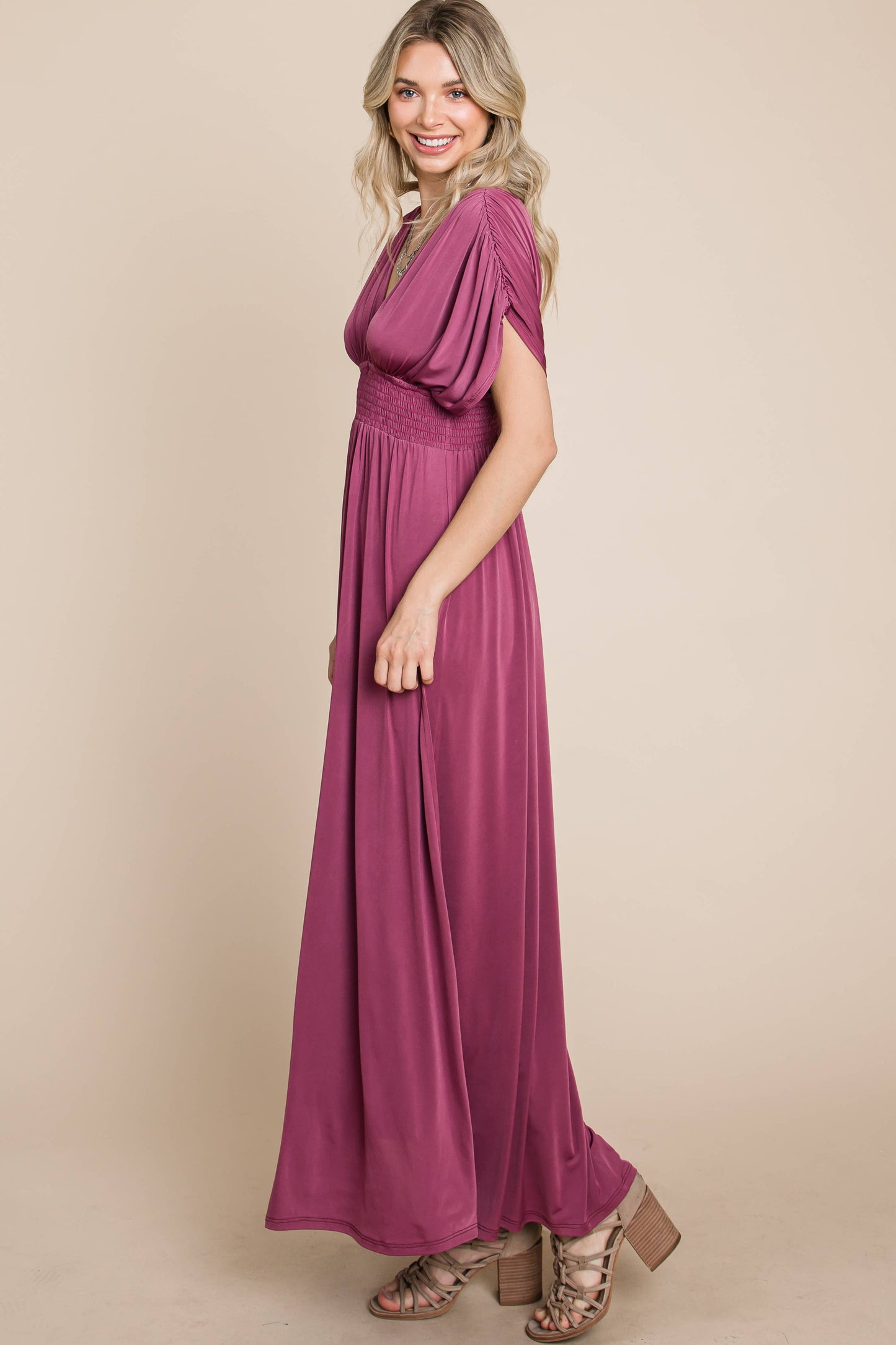 Solid Maxi Dress with Ruched Sleeves