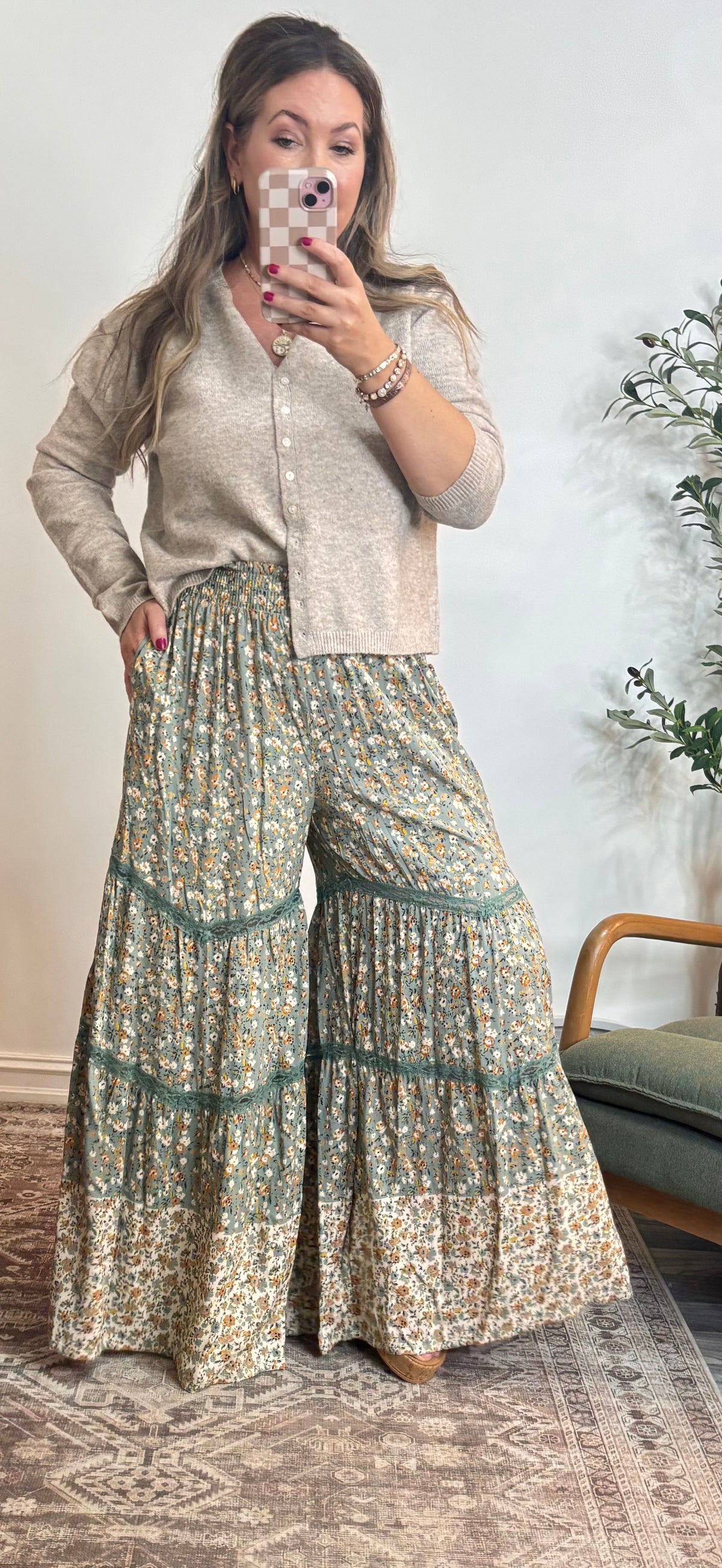 SAGE SMOCKED WAIST FLORAL LACE PRINT PANT
