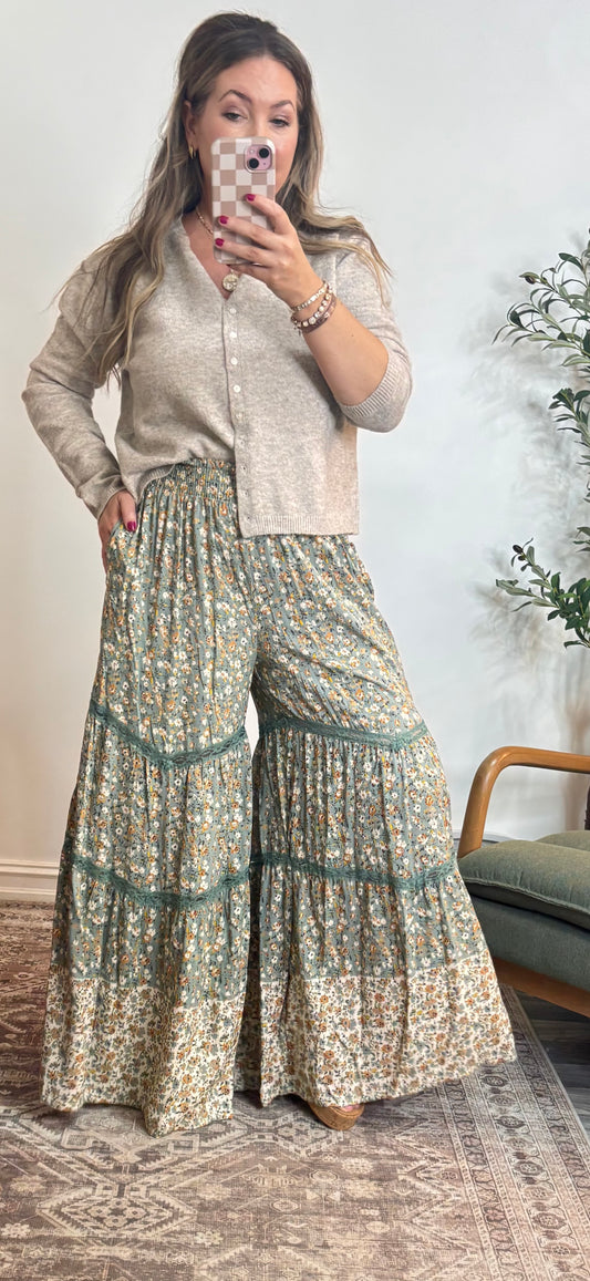 SAGE SMOCKED WAIST FLORAL LACE PRINT PANT