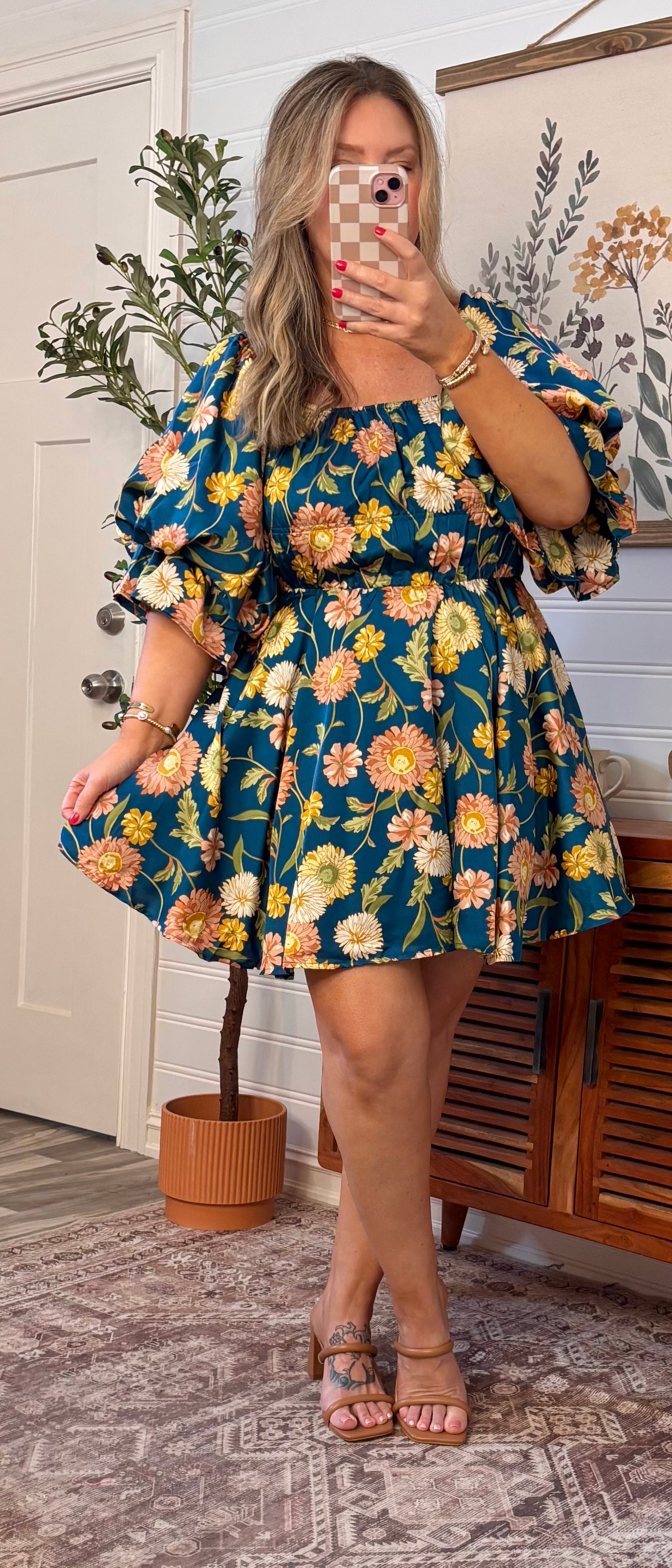 FLORAL PRINT BUBBLE SLEEVE MINI DRESS