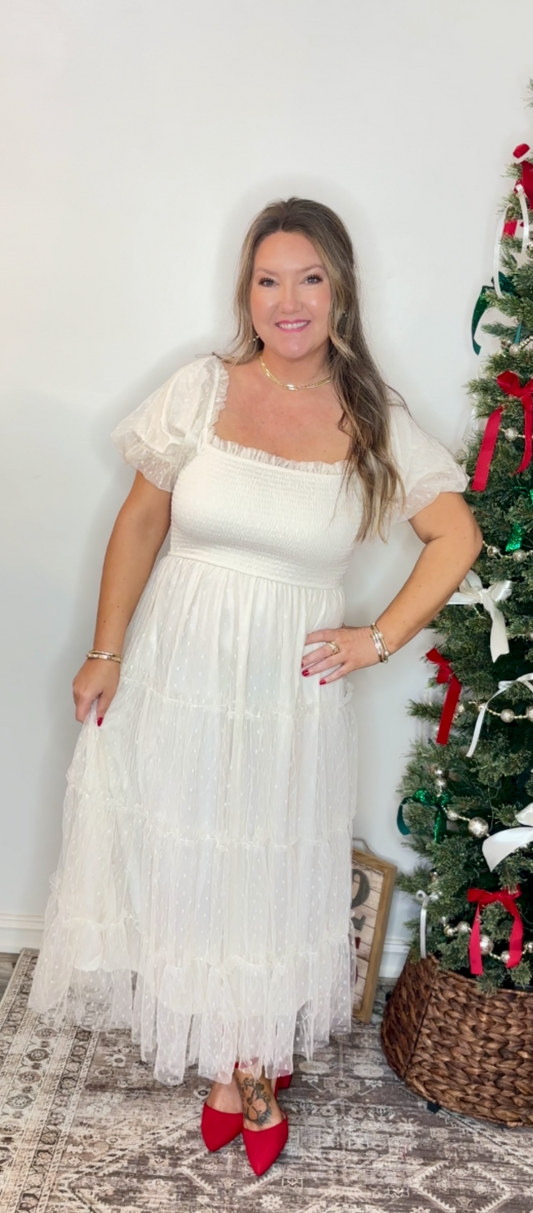 POLKA DOT TULLE PUFF SLEEVE SMOCKED MIDI DRESS