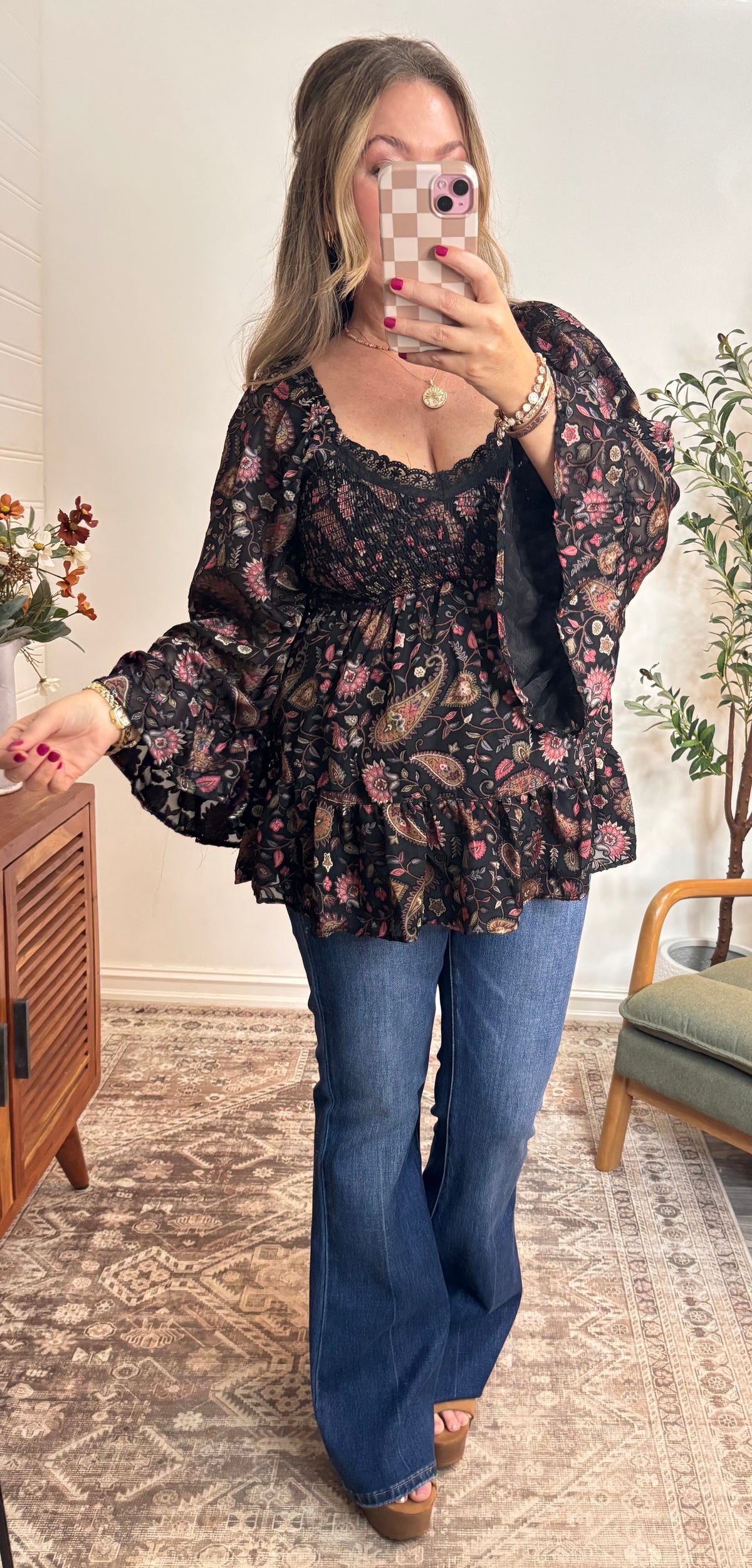 BURNOUT SATIN BELL SLEEVE LACE TRIM BLOUSE