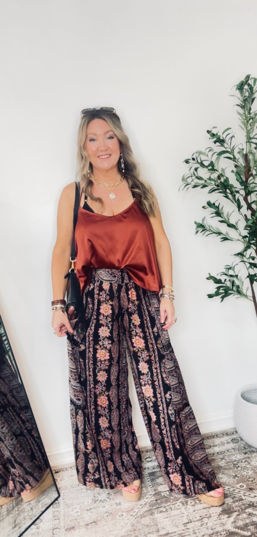 PRINTED FLARE PANTS WITH LACE INSERTS AND SMOCKED