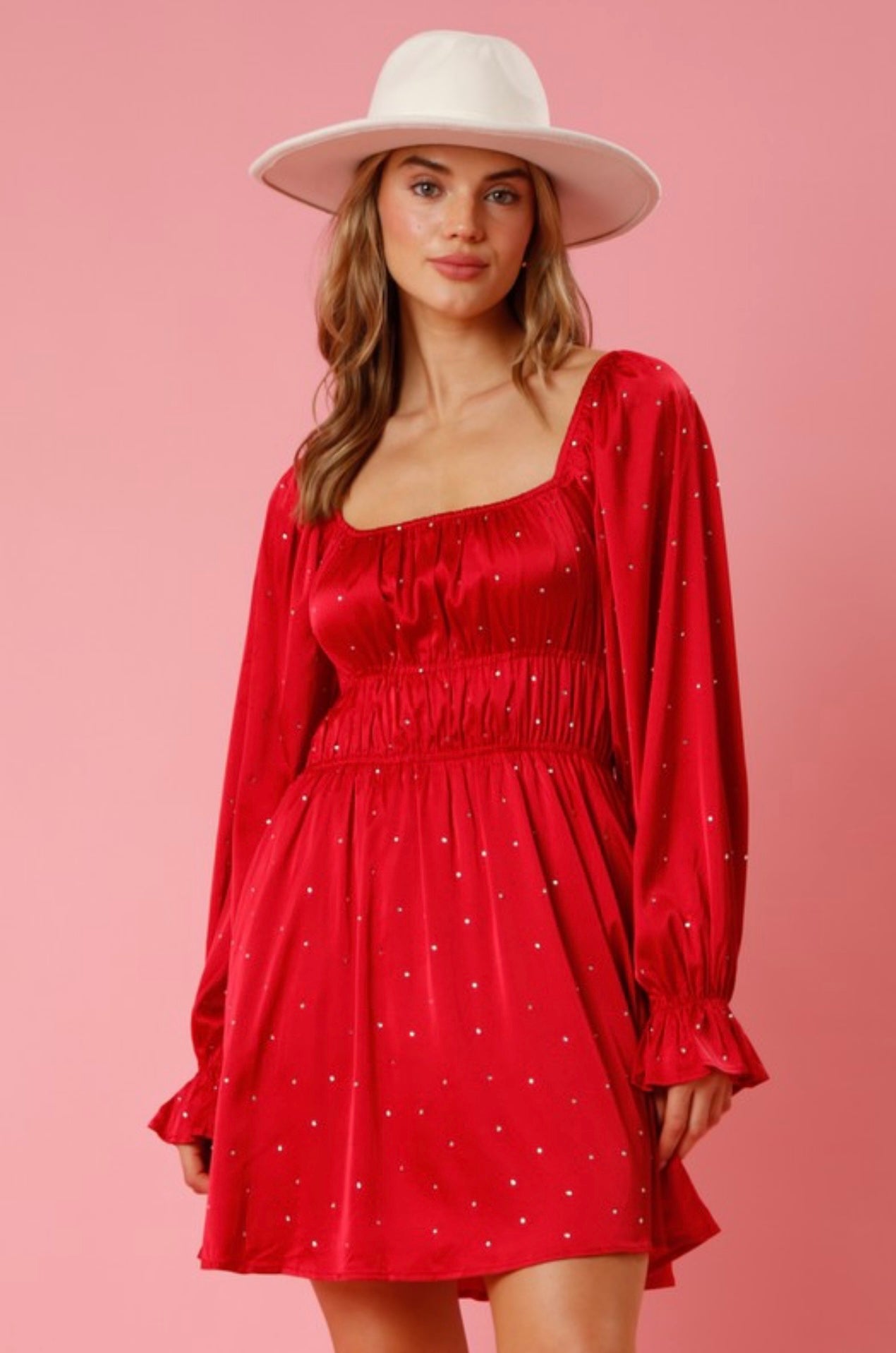Red Rhinstone Bubble Sleeve Dress