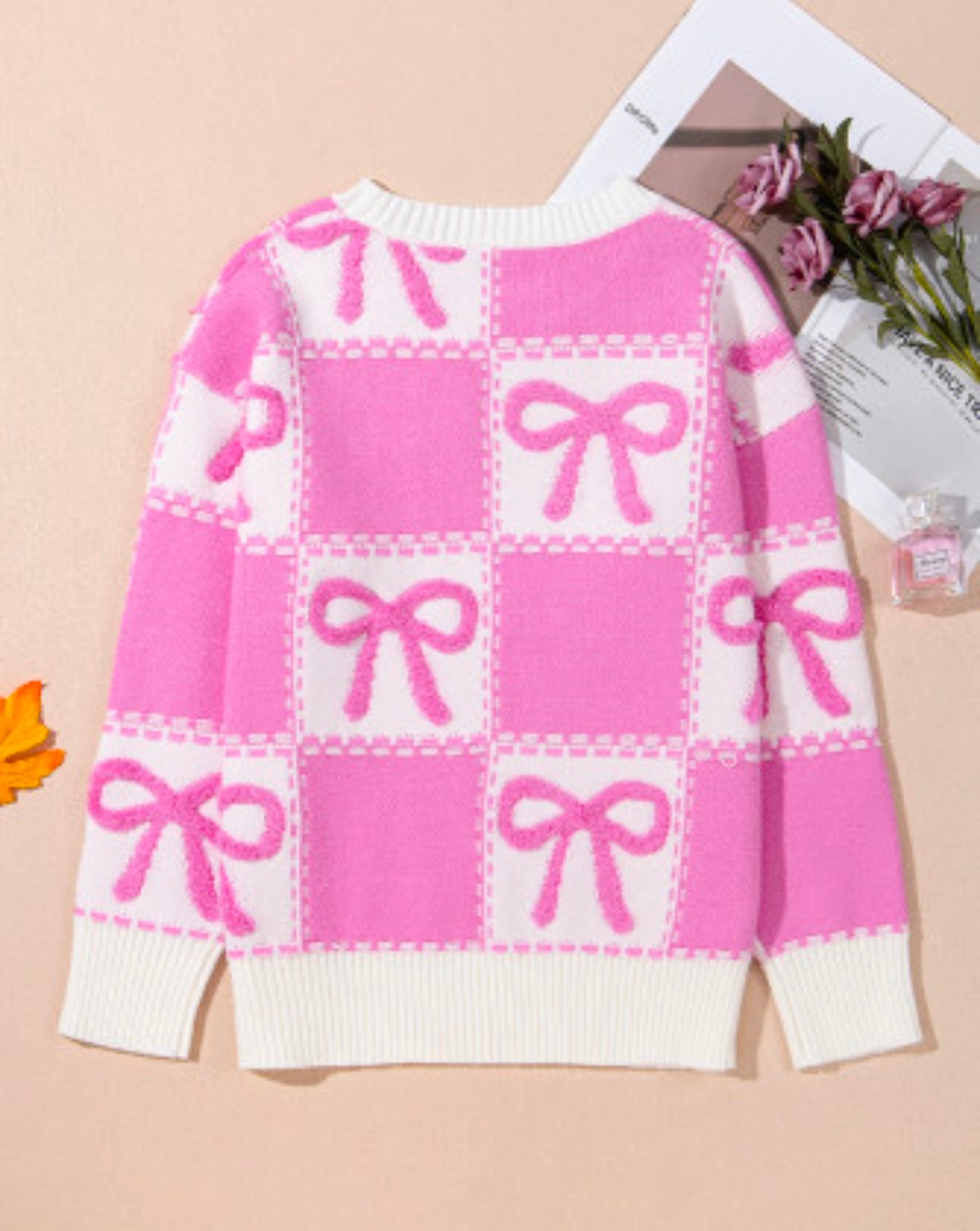 Pink Bow Checkered Crew Neck Sweater