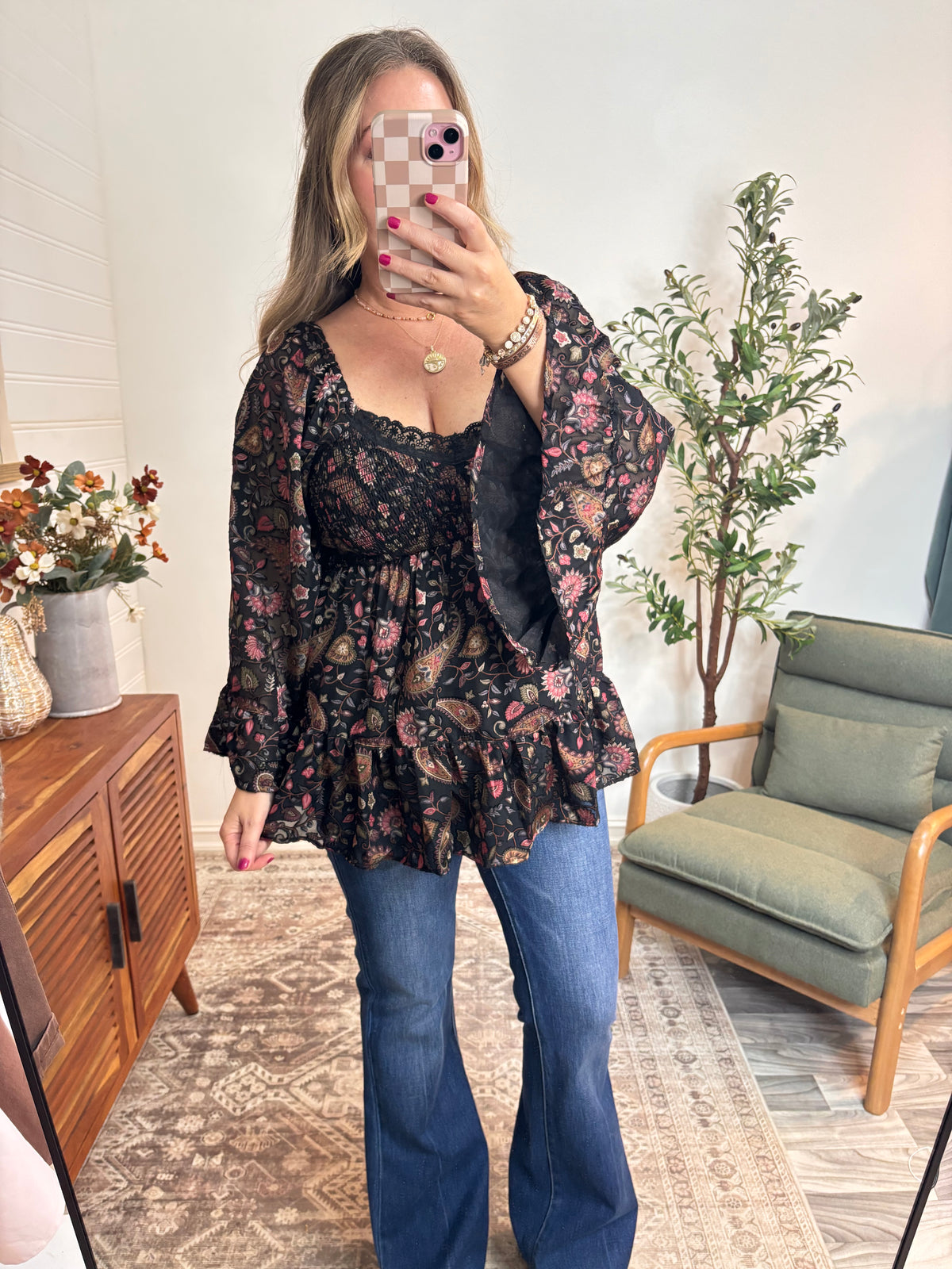 BURNOUT SATIN BELL SLEEVE LACE TRIM BLOUSE