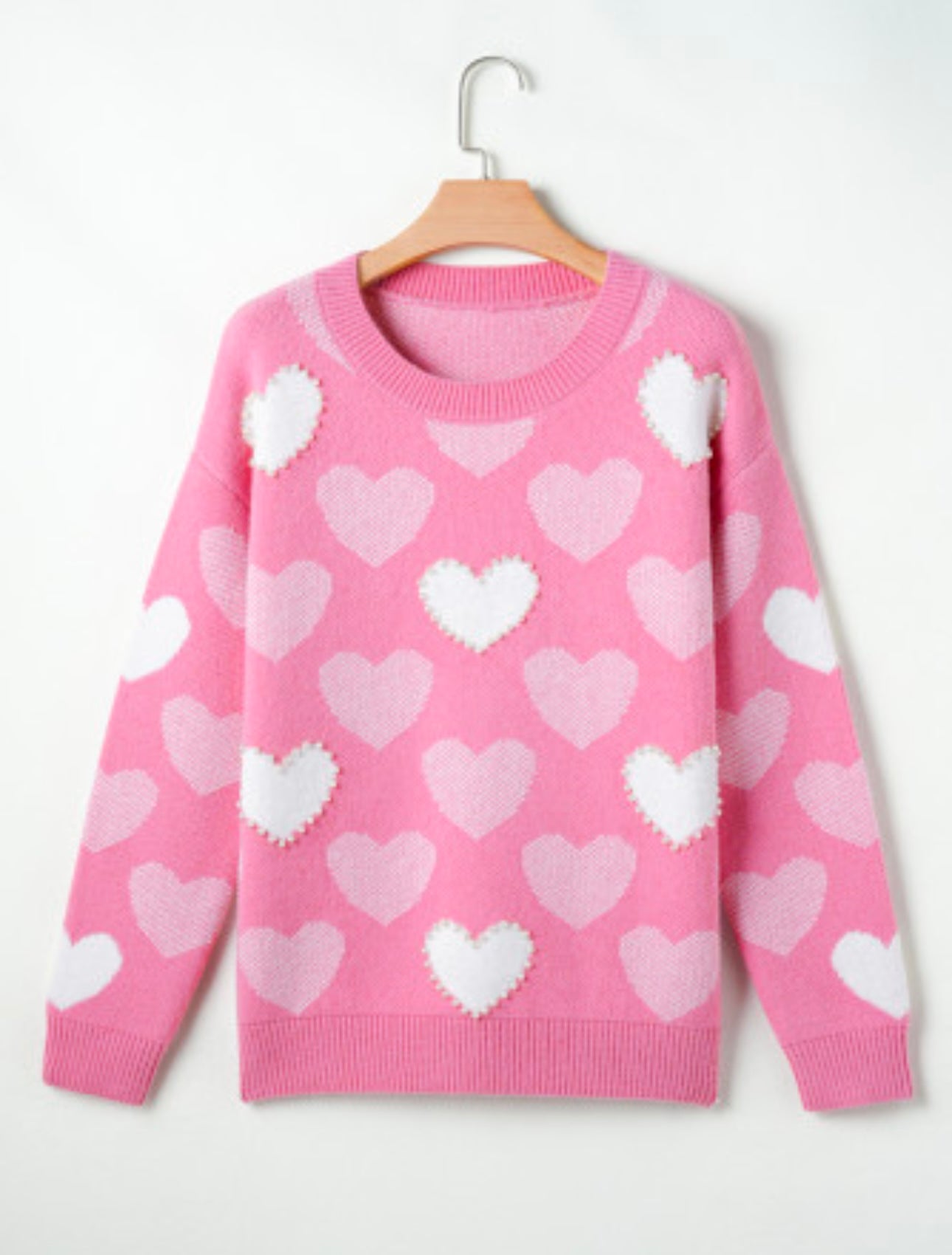 Pink Pearled Heart Print Valentines Sweater