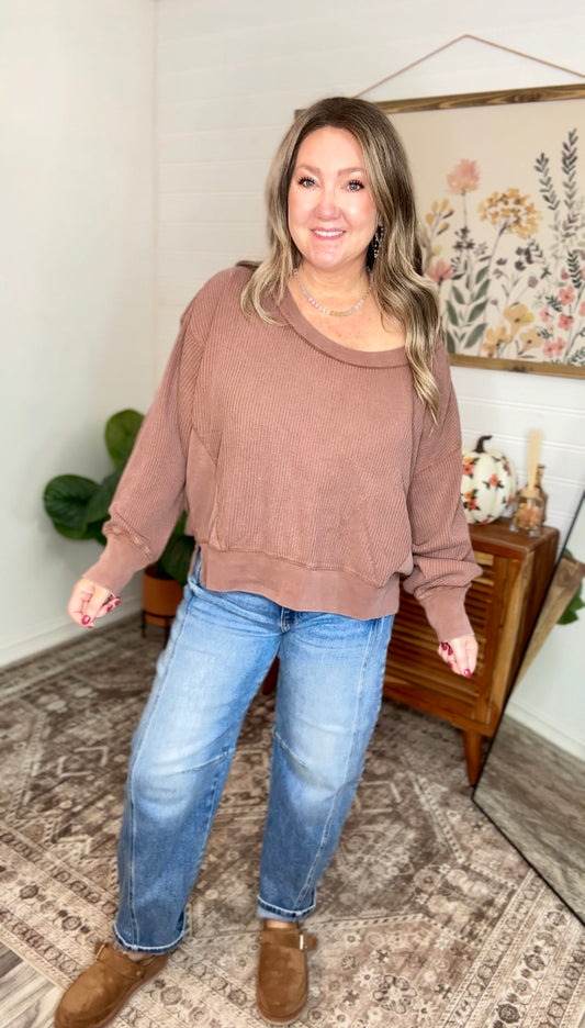 Waffle knit scoop neck top