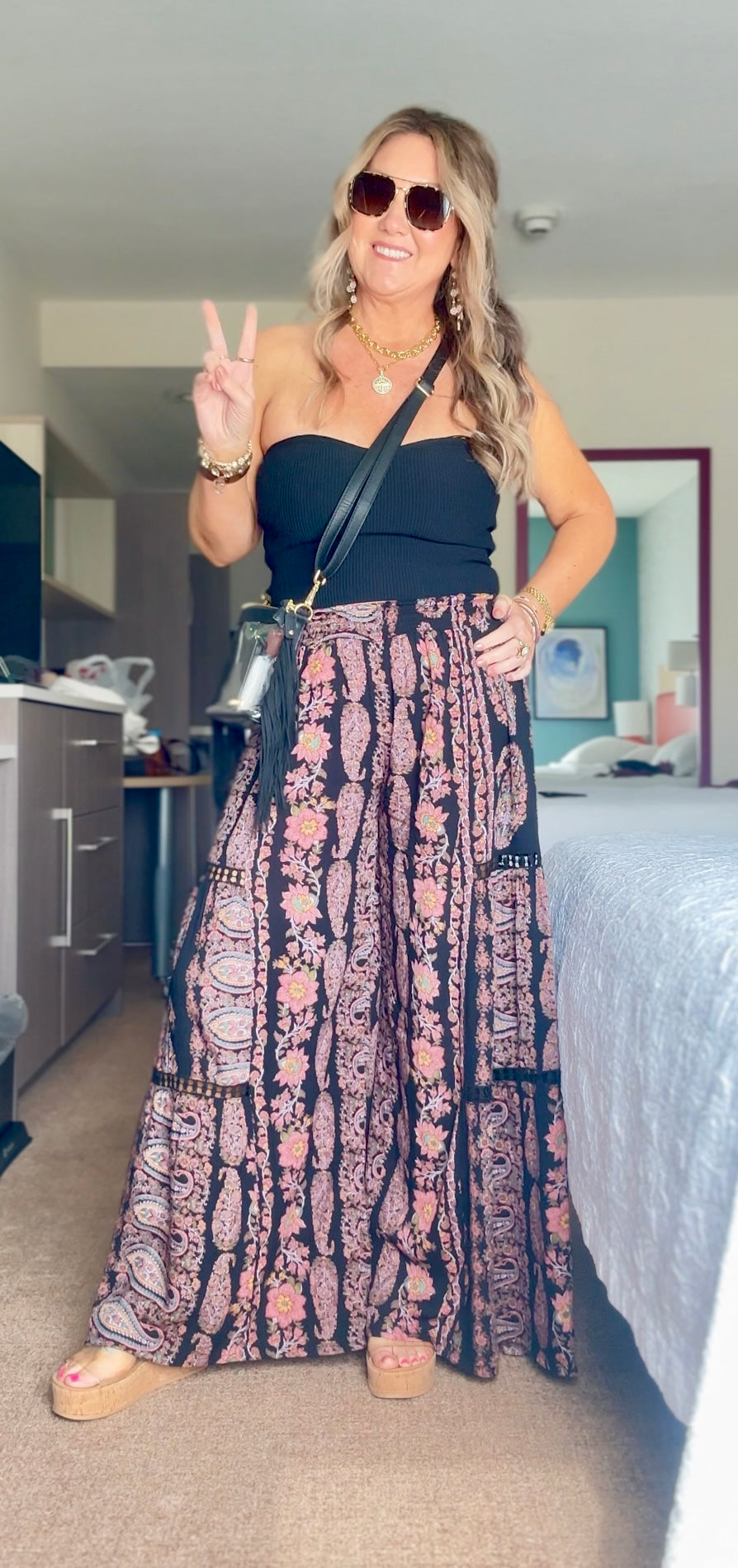 Paisley printed wide leg pant with lace inserts and smocked waist